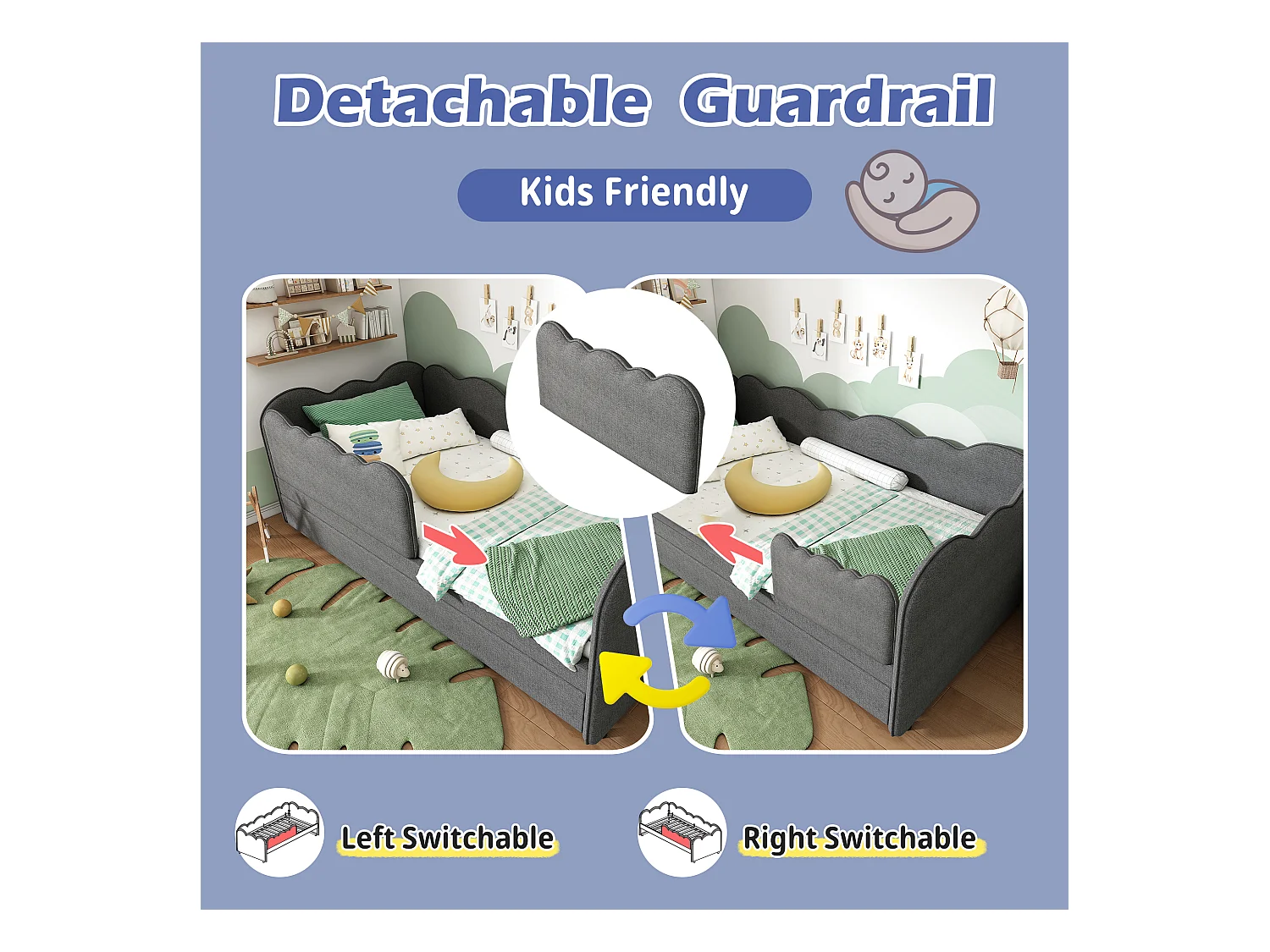 Canapé-lit 90x190 cm - avec lit gigogne 90x190 cm - décoration de vagues - avec sommier à lattes - Velours - Gris (sans matelas)