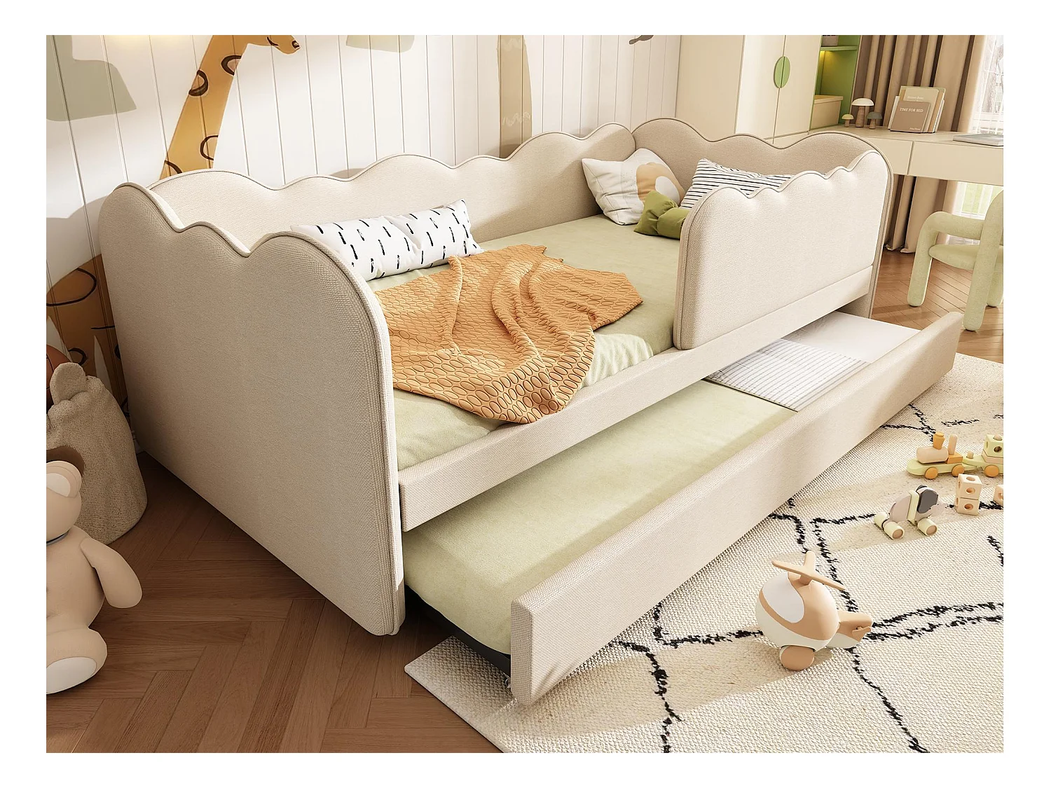 Canapé-lit 90x190 cm - avec lit gigogne 90x190 cm - décoration de vagues - avec sommier à lattes - Velours - Beige (sans matelas)