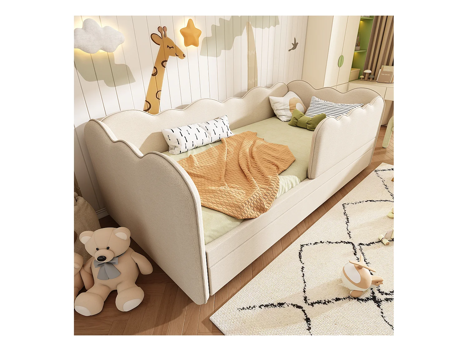 Canapé-lit 90x190 cm - avec lit gigogne 90x190 cm - décoration de vagues - avec sommier à lattes - Velours - Beige (sans matelas)