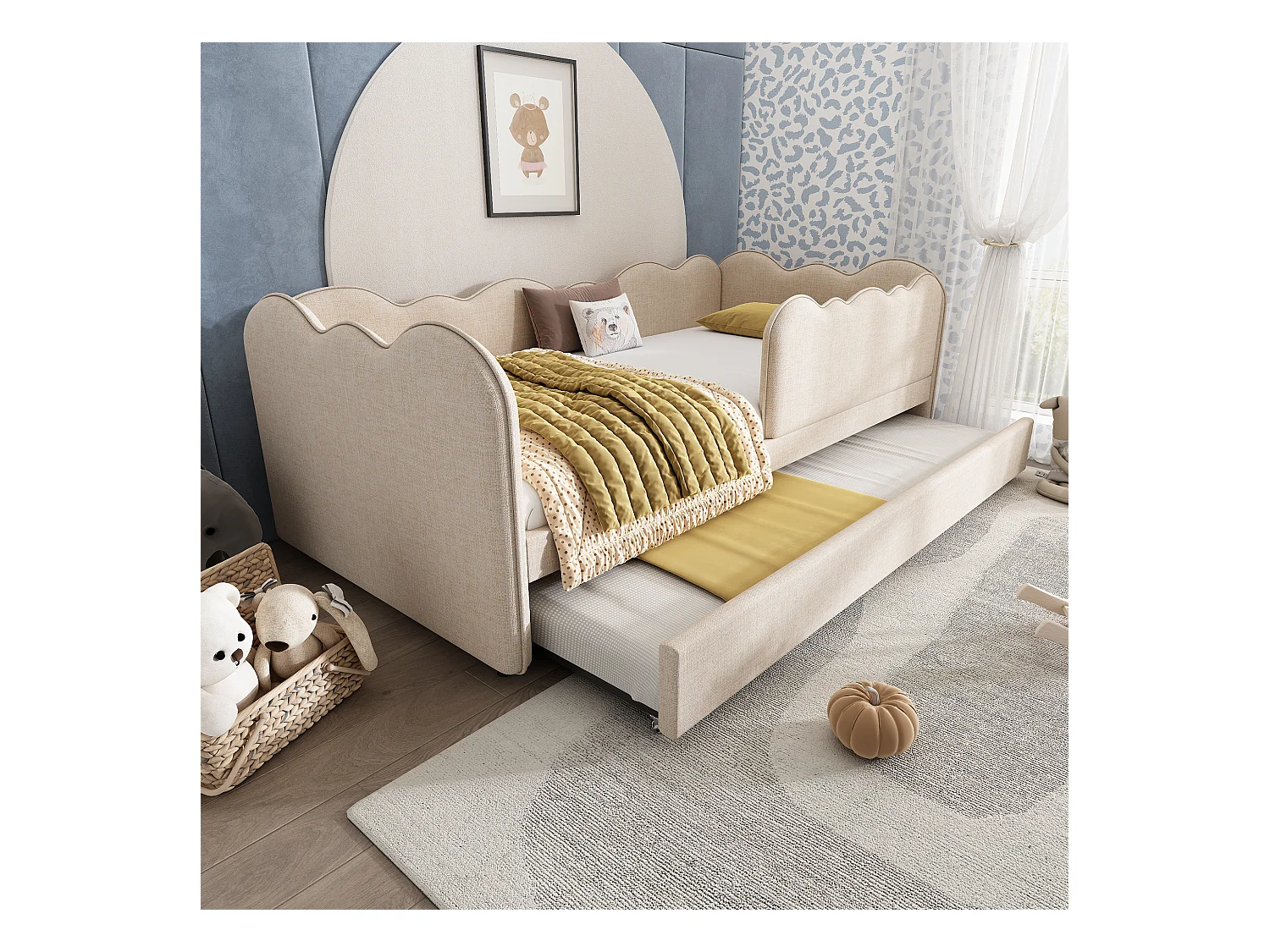 Canapé-lit 90x190 cm - avec lit gigogne 90x190 cm - décoration de vagues - avec sommier à lattes - Velours - Beige (sans matelas)