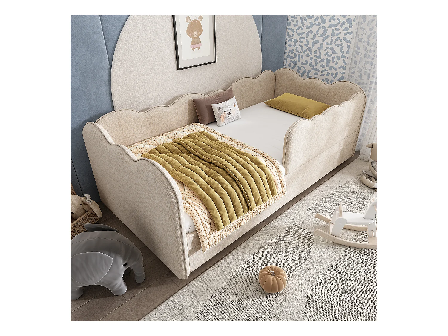 Canapé-lit 90x190 cm - avec lit gigogne 90x190 cm - décoration de vagues - avec sommier à lattes - Velours - Beige (sans matelas)