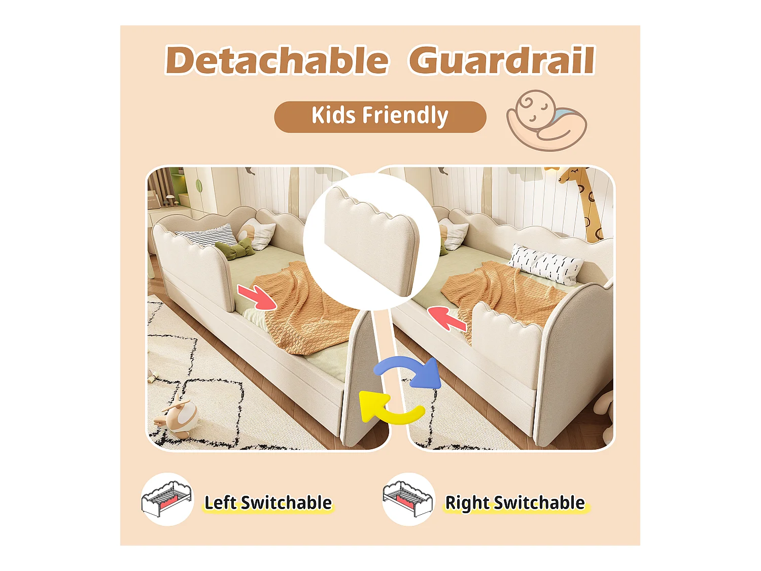 Canapé-lit 90x190 cm - avec lit gigogne 90x190 cm - décoration de vagues - avec sommier à lattes - Velours - Beige (sans matelas)