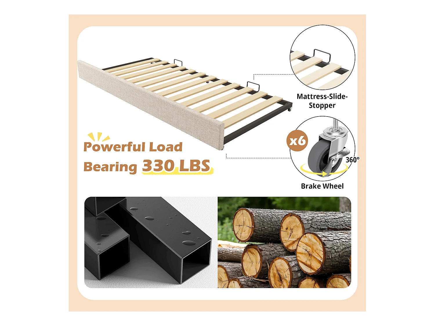 Canapé-lit 90x190 cm - avec lit gigogne 90x190 cm - décoration de vagues - avec sommier à lattes - Velours - Beige (sans matelas)