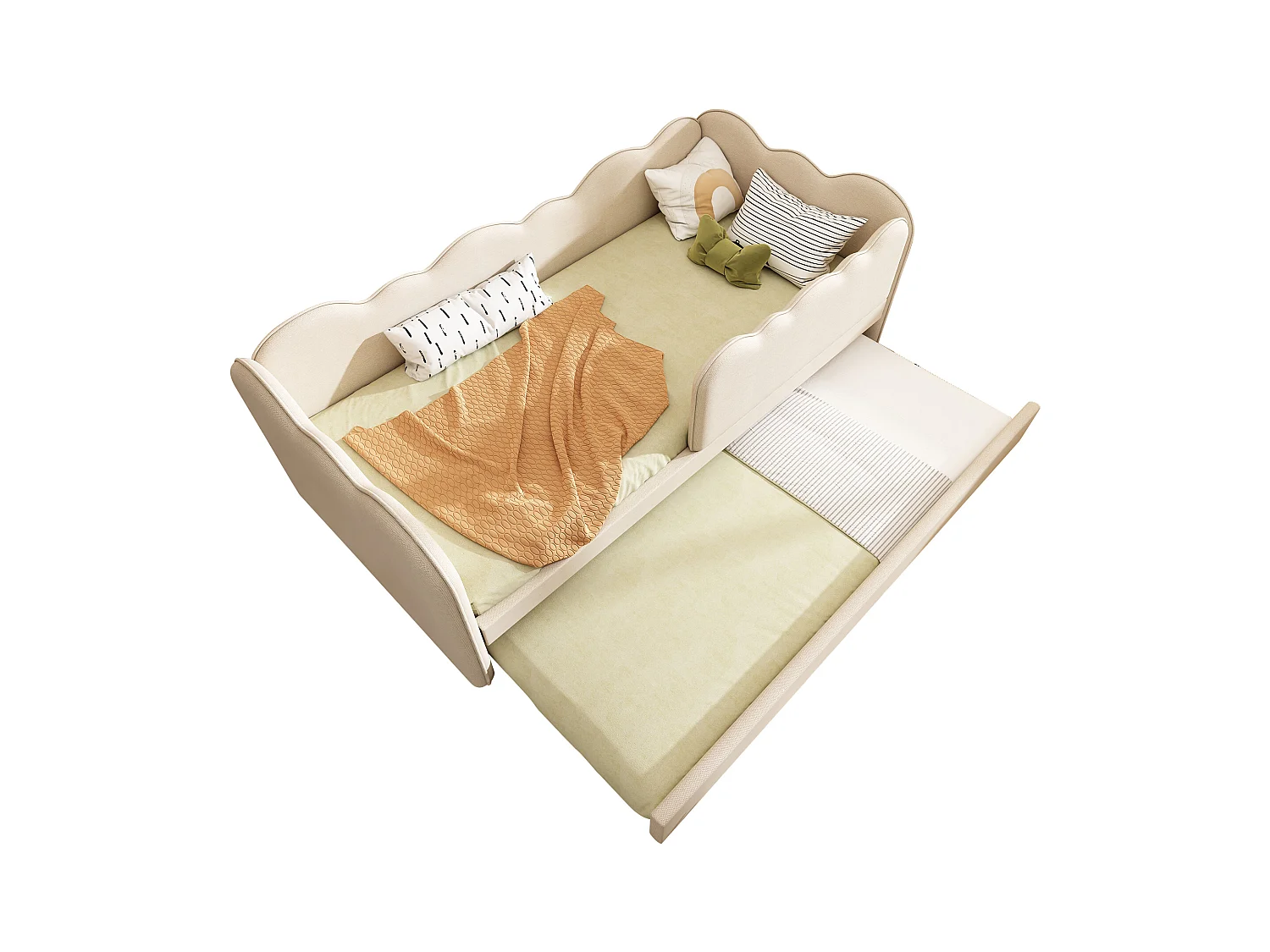 Canapé-lit 90x190 cm - avec lit gigogne 90x190 cm - décoration de vagues - avec sommier à lattes - Velours - Beige (sans matelas)