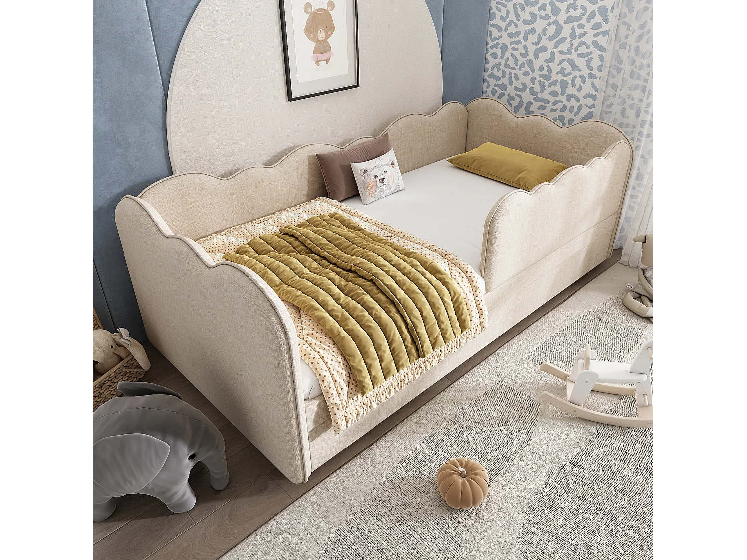 Slaapbank 90×190 cm - met uitschuifbaar bed 90×190 cm - golfdecoratie - met lattenbodem - Fluweel - Beige (zonder matras)