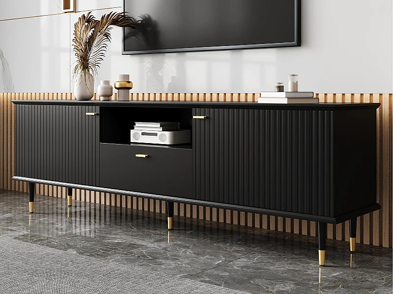 TV-meubel 170×36×54,5 cm - 1 la en 2 deuren - met open planken - metalen poten - zwart