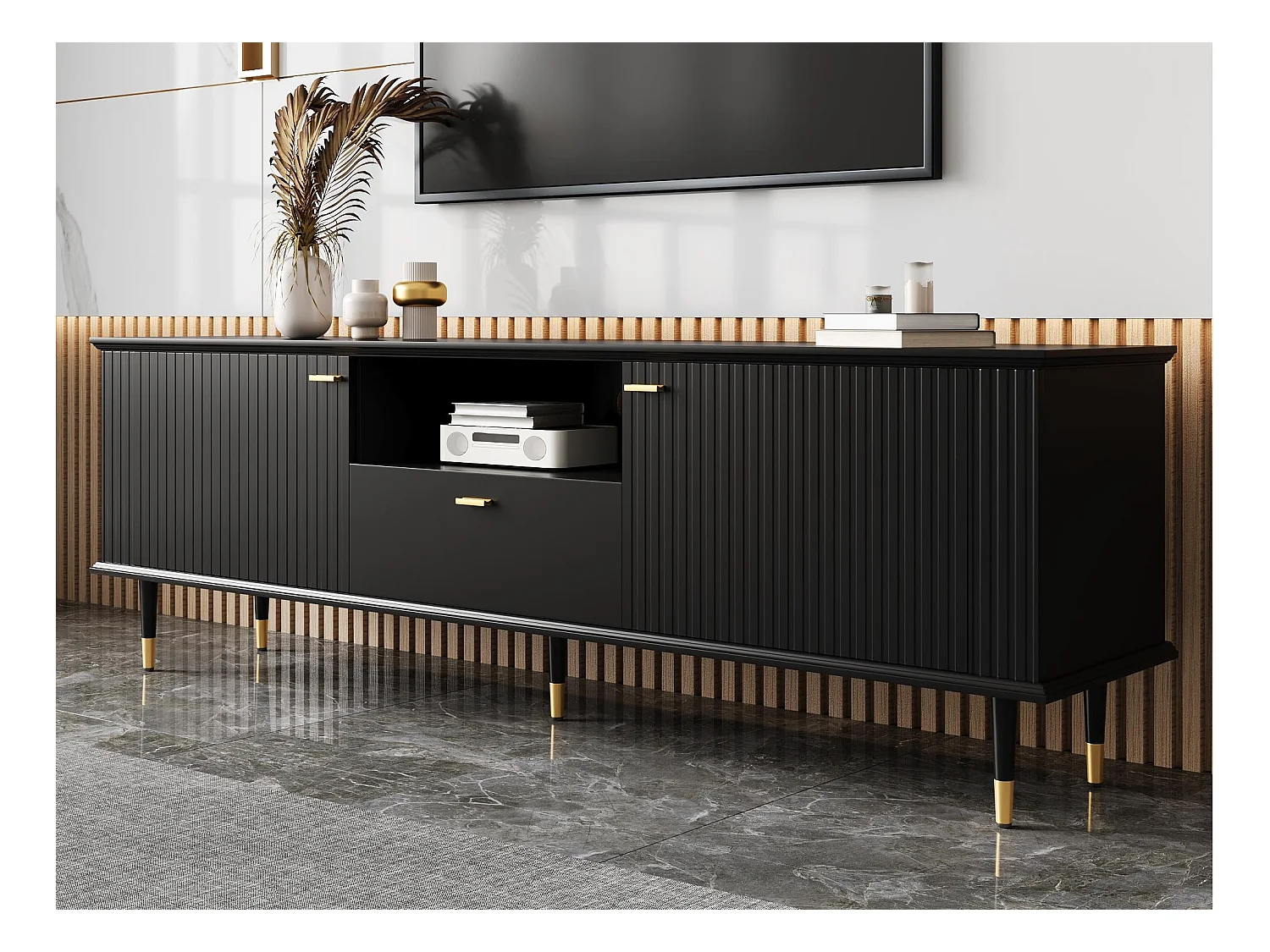 Meuble TV 170x36x54,5 cm - 1 tiroir et 2 portes - avec étagères ouvertes - pieds en métal - noir