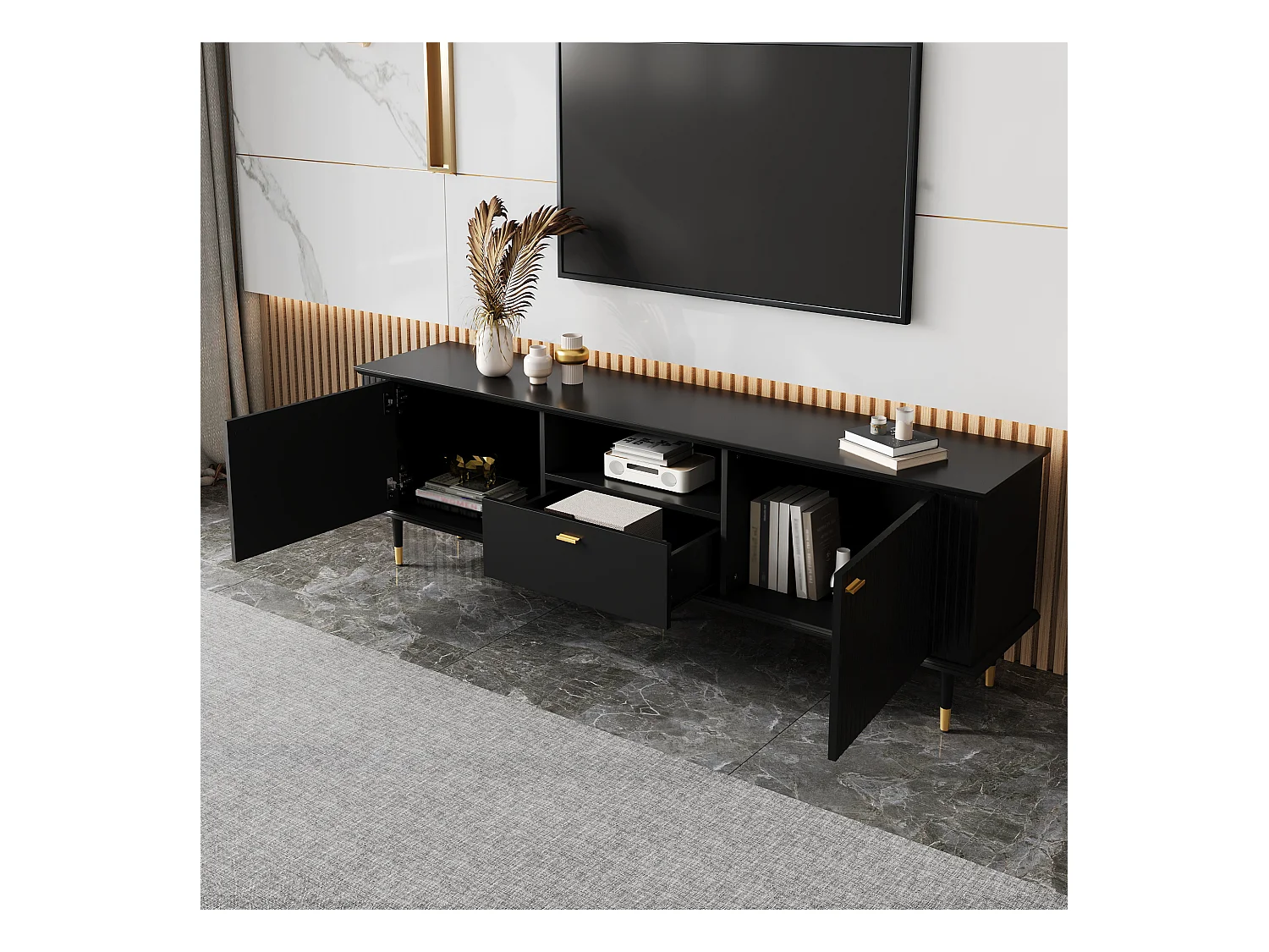 Meuble TV 170x36x54,5 cm - 1 tiroir et 2 portes - avec étagères ouvertes - pieds en métal - noir