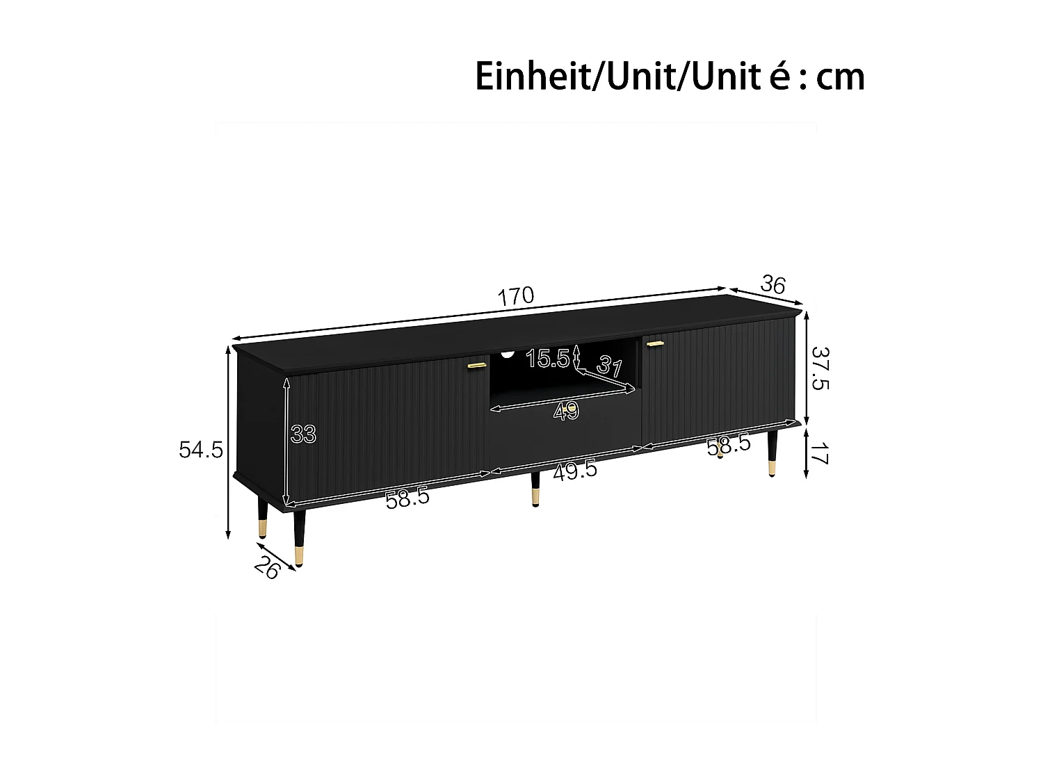 TV-Schrank 170×36×54,5 cm - 1 Schublade und 2 Türen - mit offenen Regalen - Metallfüße - schwarz
