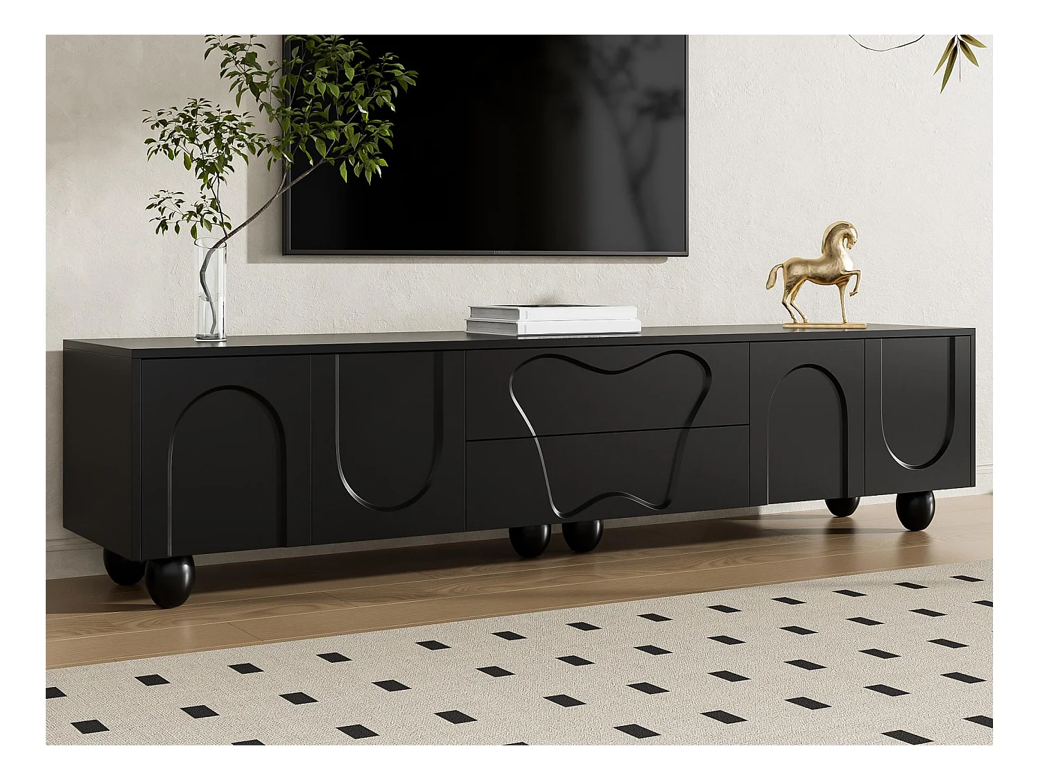 Meuble TV 180x40x42 cm - 2 tiroirs et 4 portes - pieds en bois massif - panneaux de particules - noir