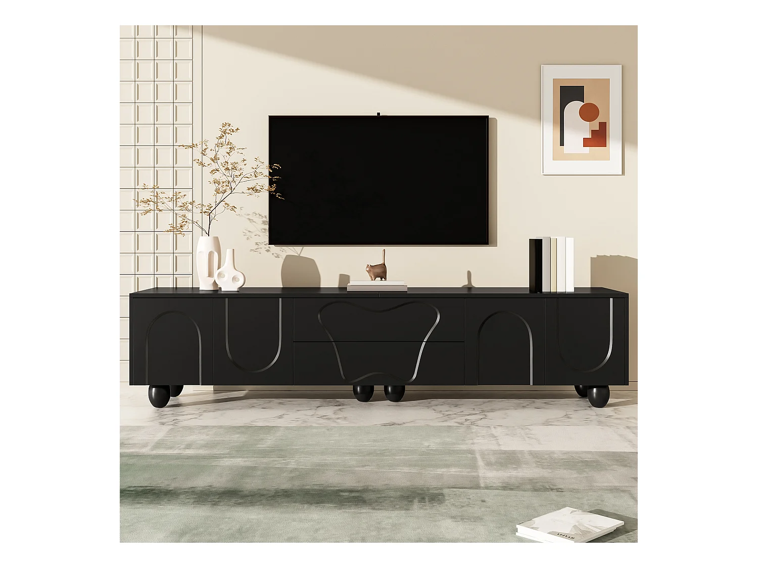 Meuble TV 180x40x42 cm - 2 tiroirs et 4 portes - pieds en bois massif - panneaux de particules - noir