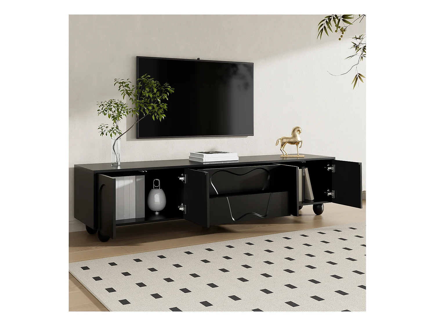 Meuble TV 180x40x42 cm - 2 tiroirs et 4 portes - pieds en bois massif - panneaux de particules - noir