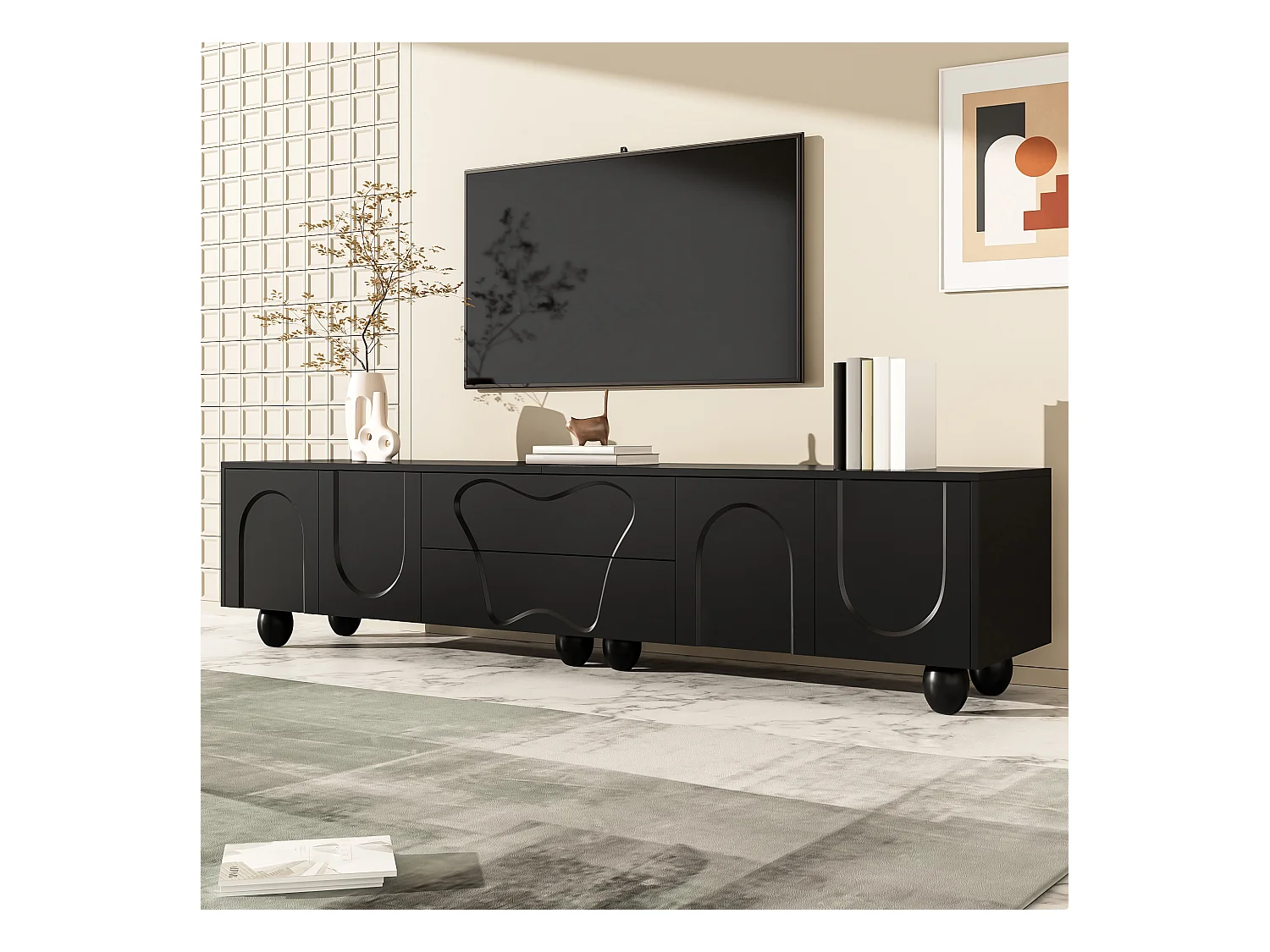 Meuble TV 180x40x42 cm - 2 tiroirs et 4 portes - pieds en bois massif - panneaux de particules - noir