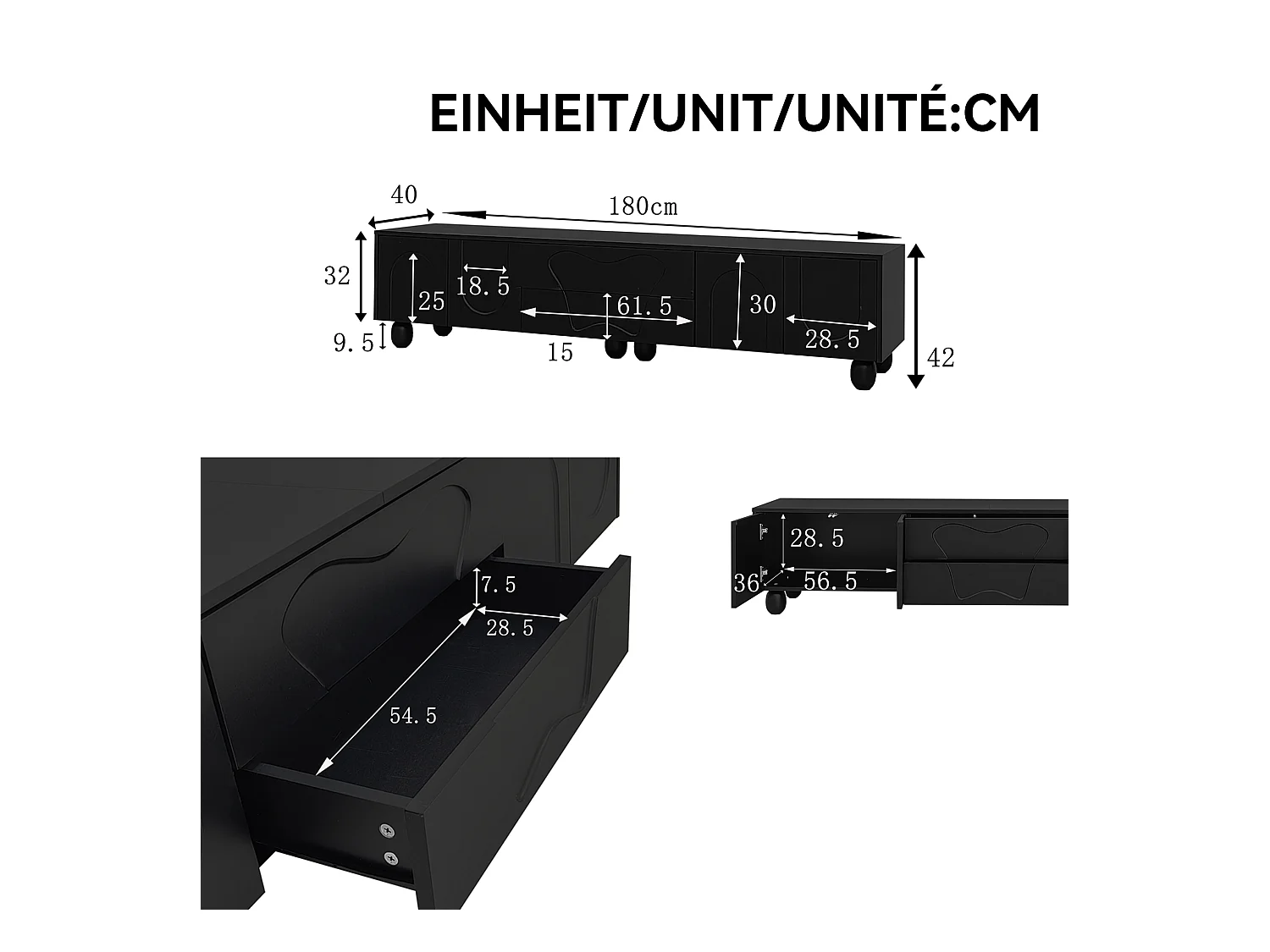 Meuble TV 180x40x42 cm - 2 tiroirs et 4 portes - pieds en bois massif - panneaux de particules - noir
