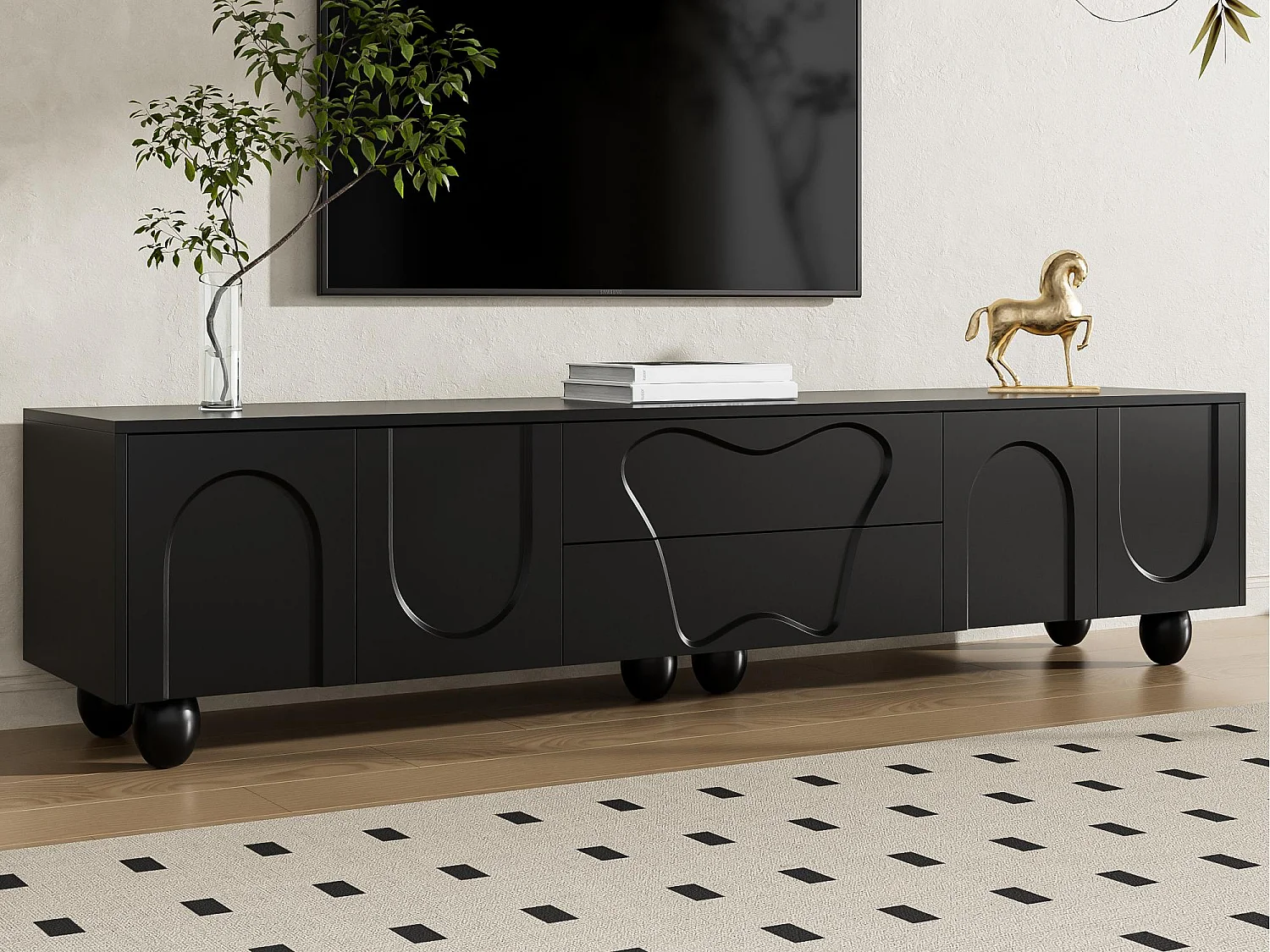 TV-Schrank 180×40×42 cm - 2 Schubladen und 4 Türen - Massivholzfüße - Spanplatte - schwarz