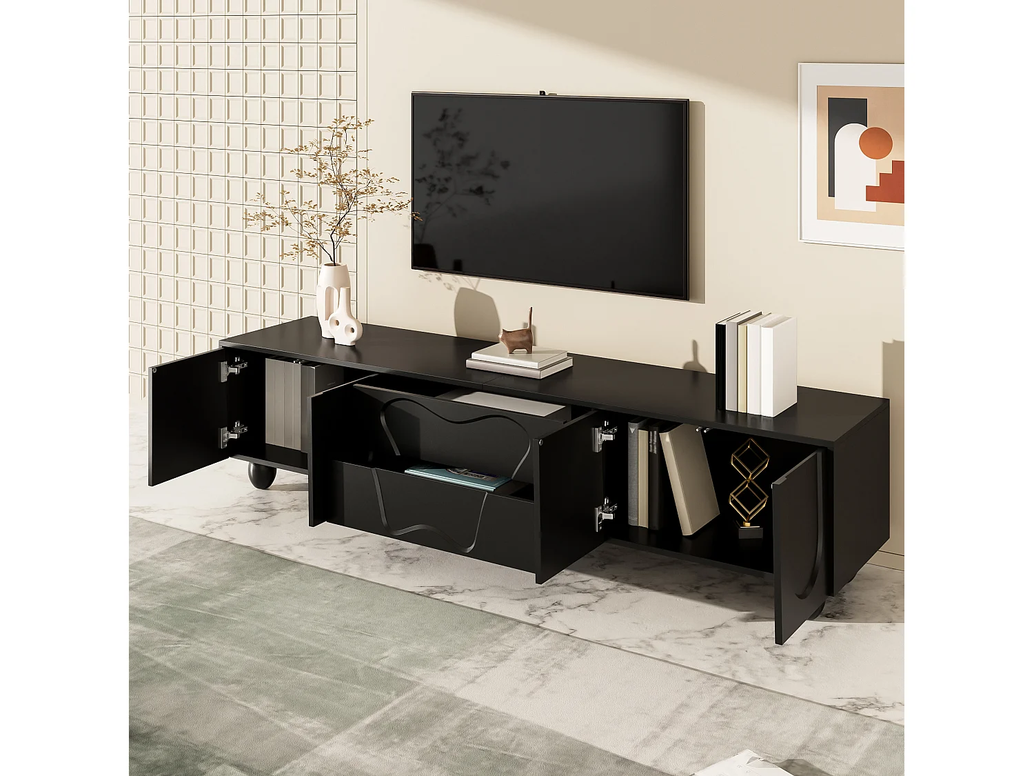 TV-Schrank 180×40×42 cm - 2 Schubladen und 4 Türen - Massivholzfüße - Spanplatte - schwarz