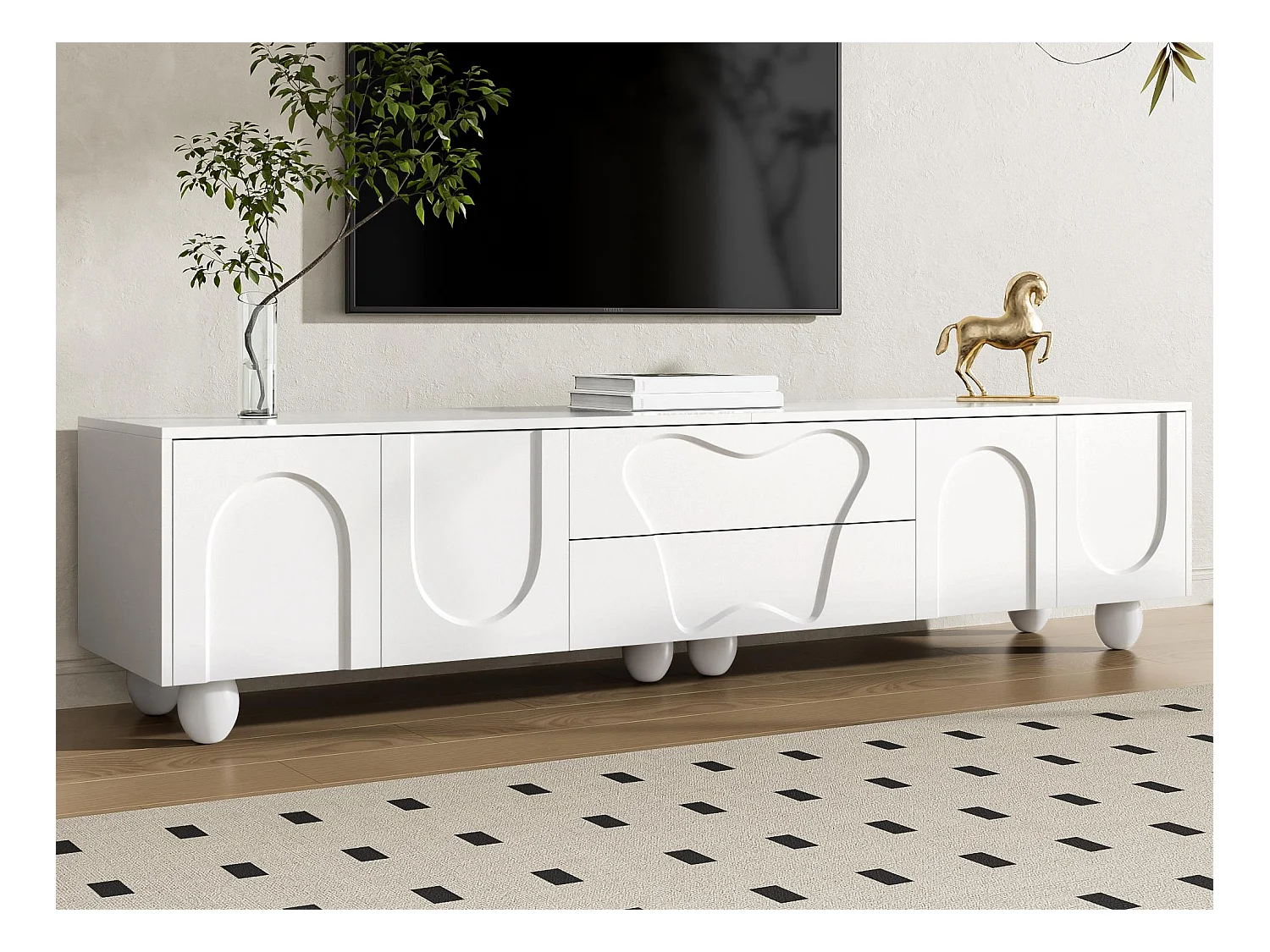 Mobile TV 180×40×42 cm - 2 cassetti e 4 ante - gambe in legno massello - pannelli di particelle - bianco