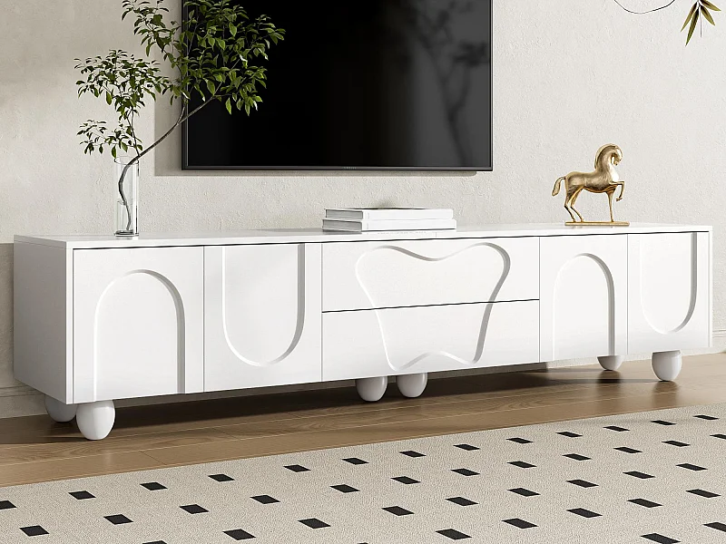 Meuble TV 180x40x42 cm - 2 tiroirs et 4 portes - pieds en bois massif - panneaux de particules - blanc