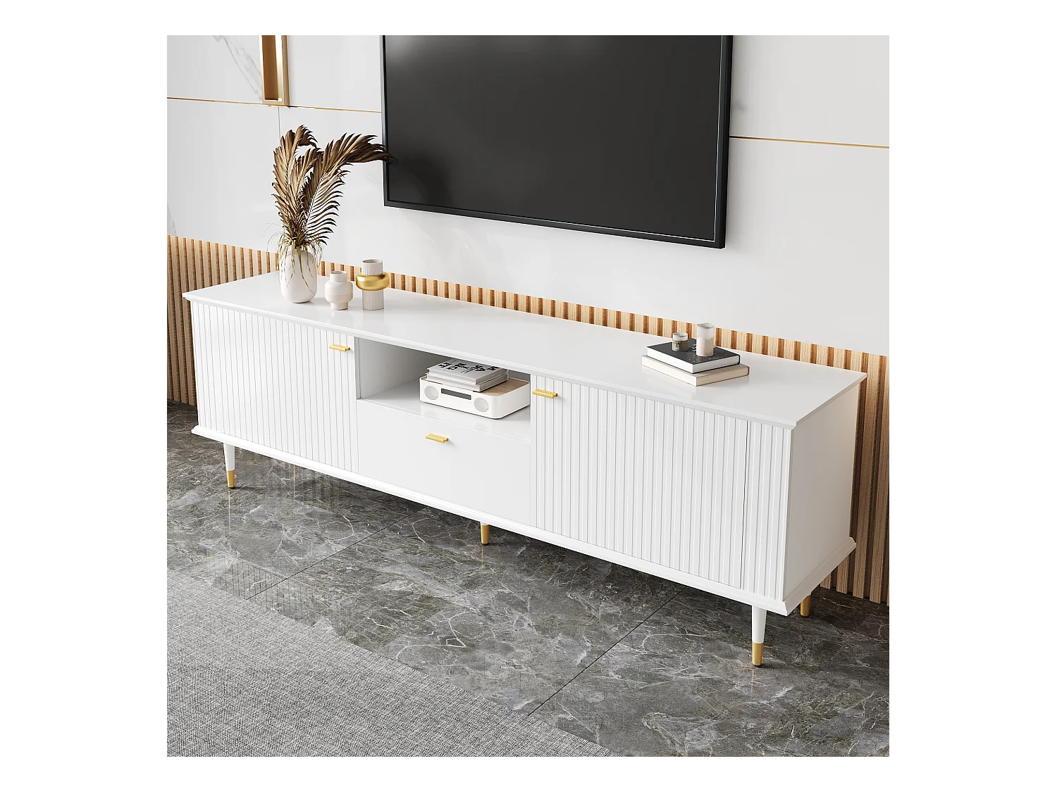 Meuble TV 170x36x54,5 cm - 1 tiroir et 2 portes - avec étagères ouvertes - pieds en métal - blanc