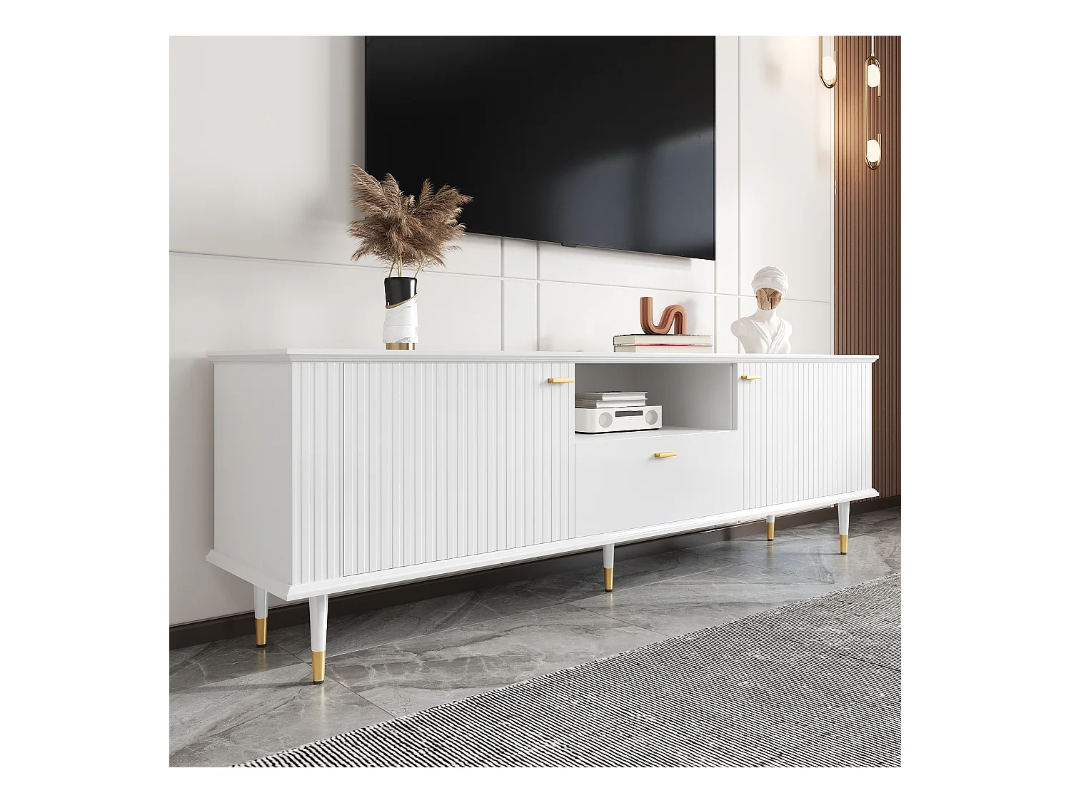 Meuble TV 170x36x54,5 cm - 1 tiroir et 2 portes - avec étagères ouvertes - pieds en métal - blanc