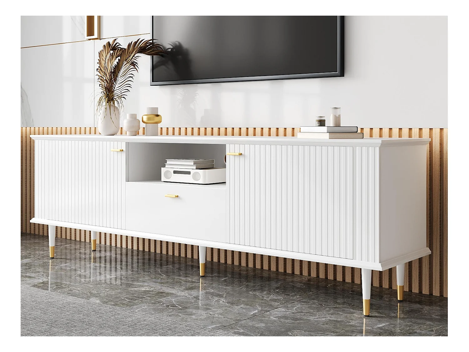TV-Schrank 170×36×54,5 cm - 1 Schublade und 2 Türen - mit offenen Regalen - Metallfüße - weiß