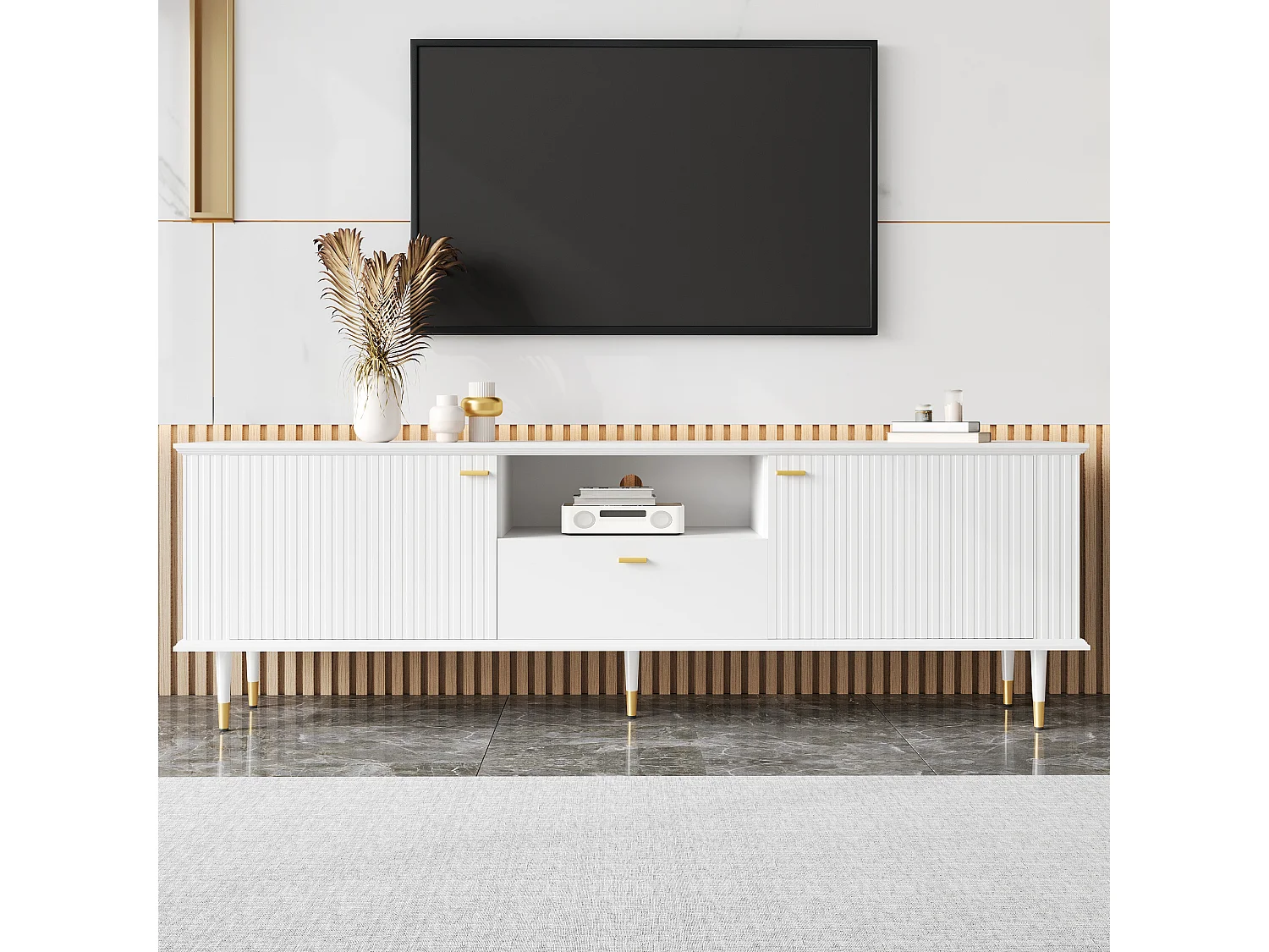 Meuble TV 170x36x54,5 cm - 1 tiroir et 2 portes - avec étagères ouvertes - pieds en métal - blanc