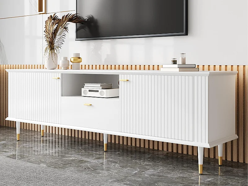 Szafa pod TV 170×36×54,5 cm - 1 szuflada i 2 drzwi - z otwartymi półkami - metalowe nogi - biały