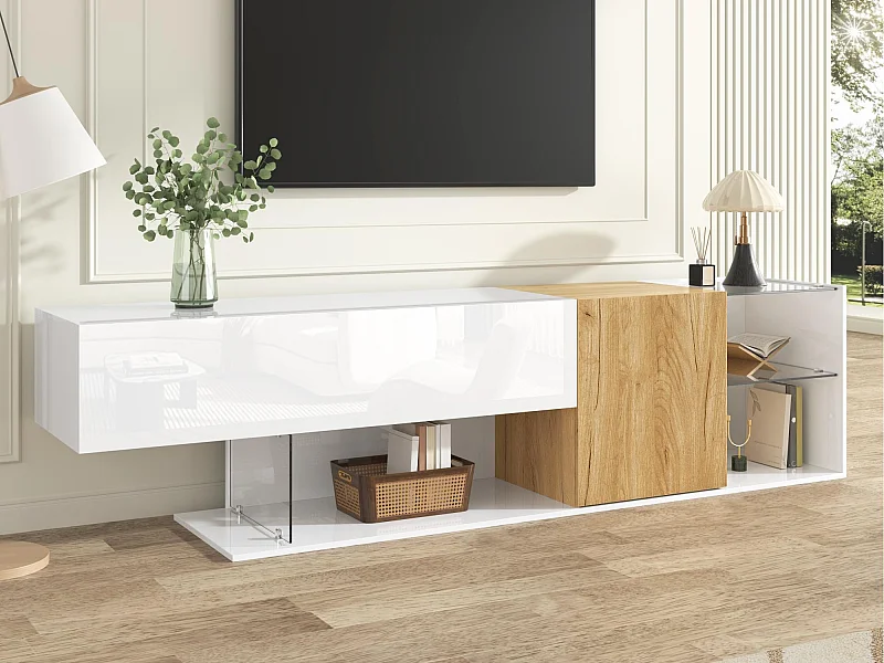 Hochglanz-TV-Schrank 180×38×48 cm - mit 2 Türen - Glasregale - Holzoptik - Spanplatte - weiß + natur