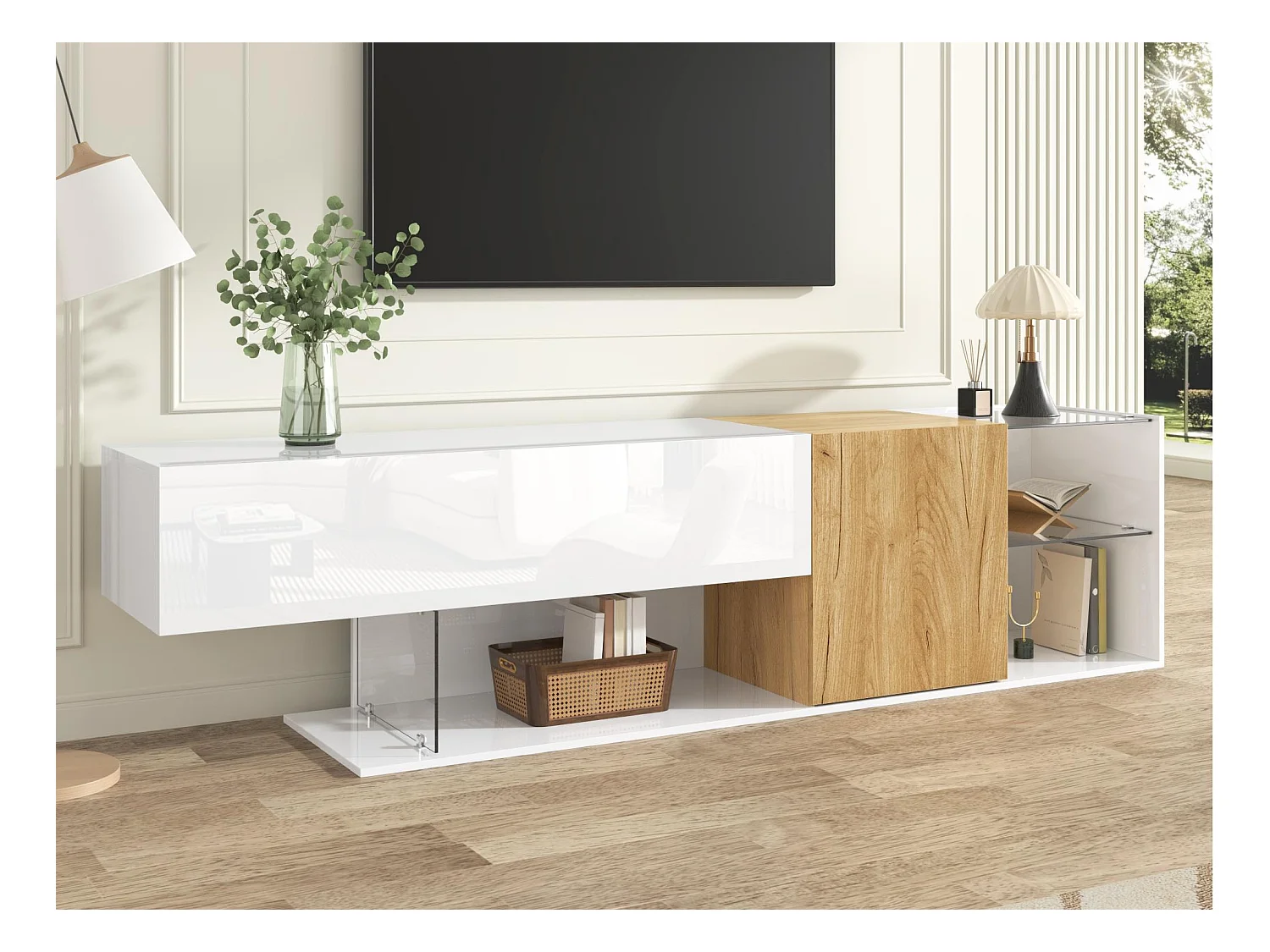 Meuble TV brillant 180x38x48cm - avec 2 portes - étagères en verre - aspect bois - panneaux de particules - blanc + naturel