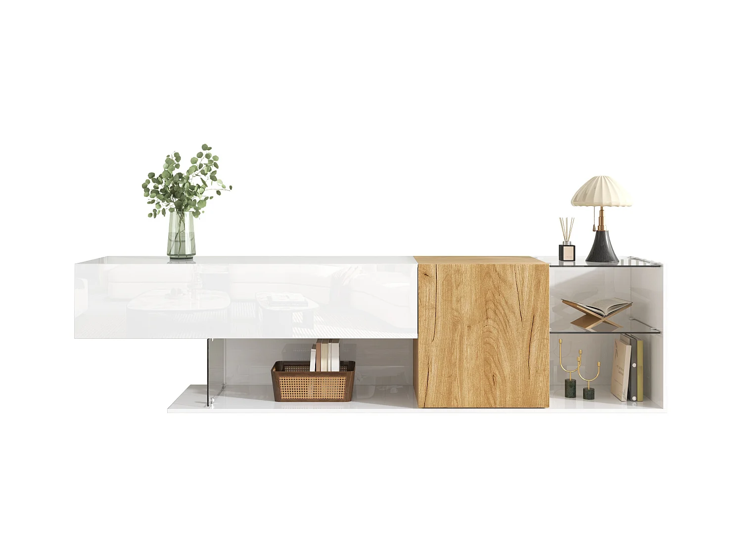 Meuble TV brillant 180x38x48cm - avec 2 portes - étagères en verre - aspect bois - panneaux de particules - blanc + naturel