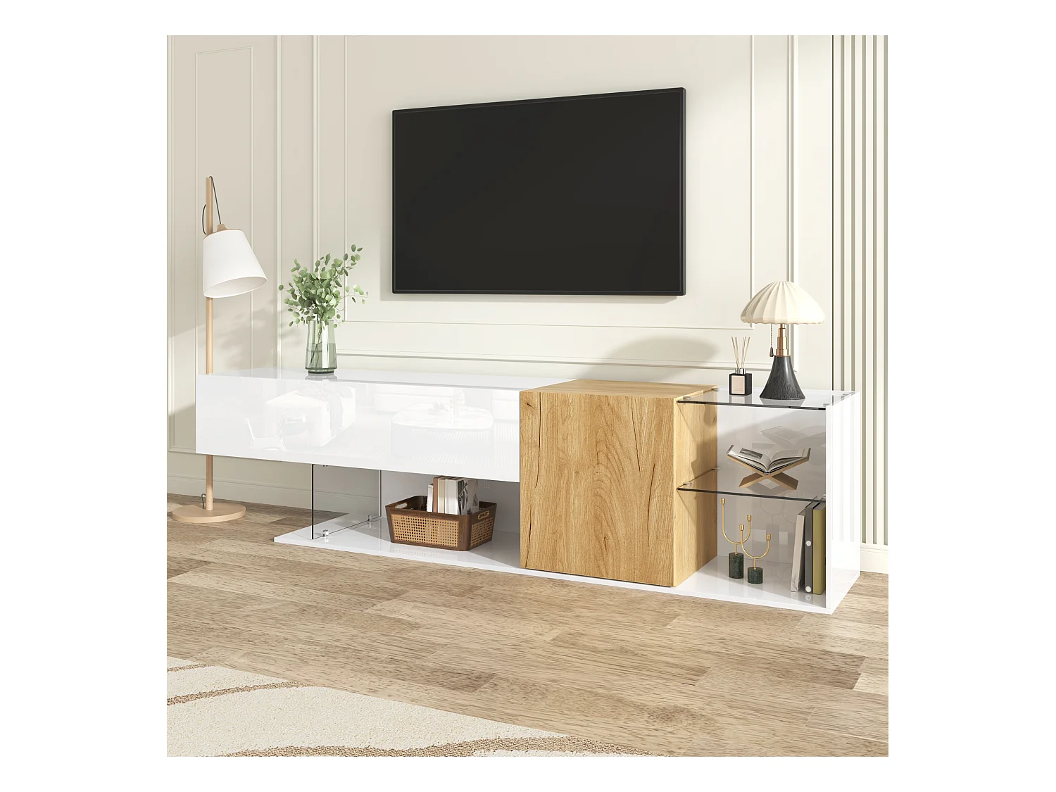Meuble TV brillant 180x38x48cm - avec 2 portes - étagères en verre - aspect bois - panneaux de particules - blanc + naturel