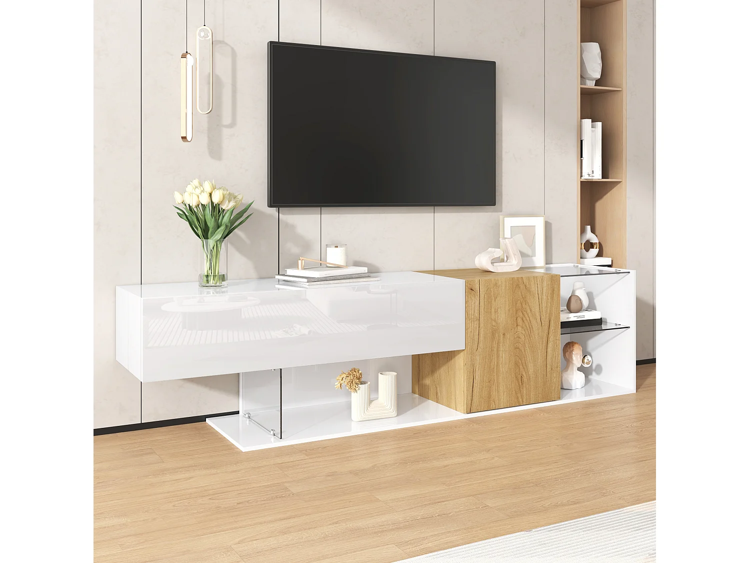 Meuble TV brillant 180x38x48cm - avec 2 portes - étagères en verre - aspect bois - panneaux de particules - blanc + naturel