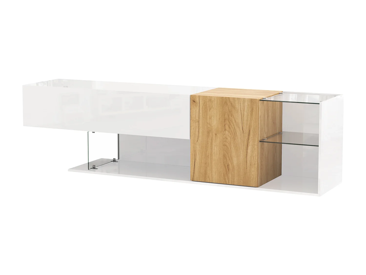 Meuble TV brillant 180x38x48cm - avec 2 portes - étagères en verre - aspect bois - panneaux de particules - blanc + naturel