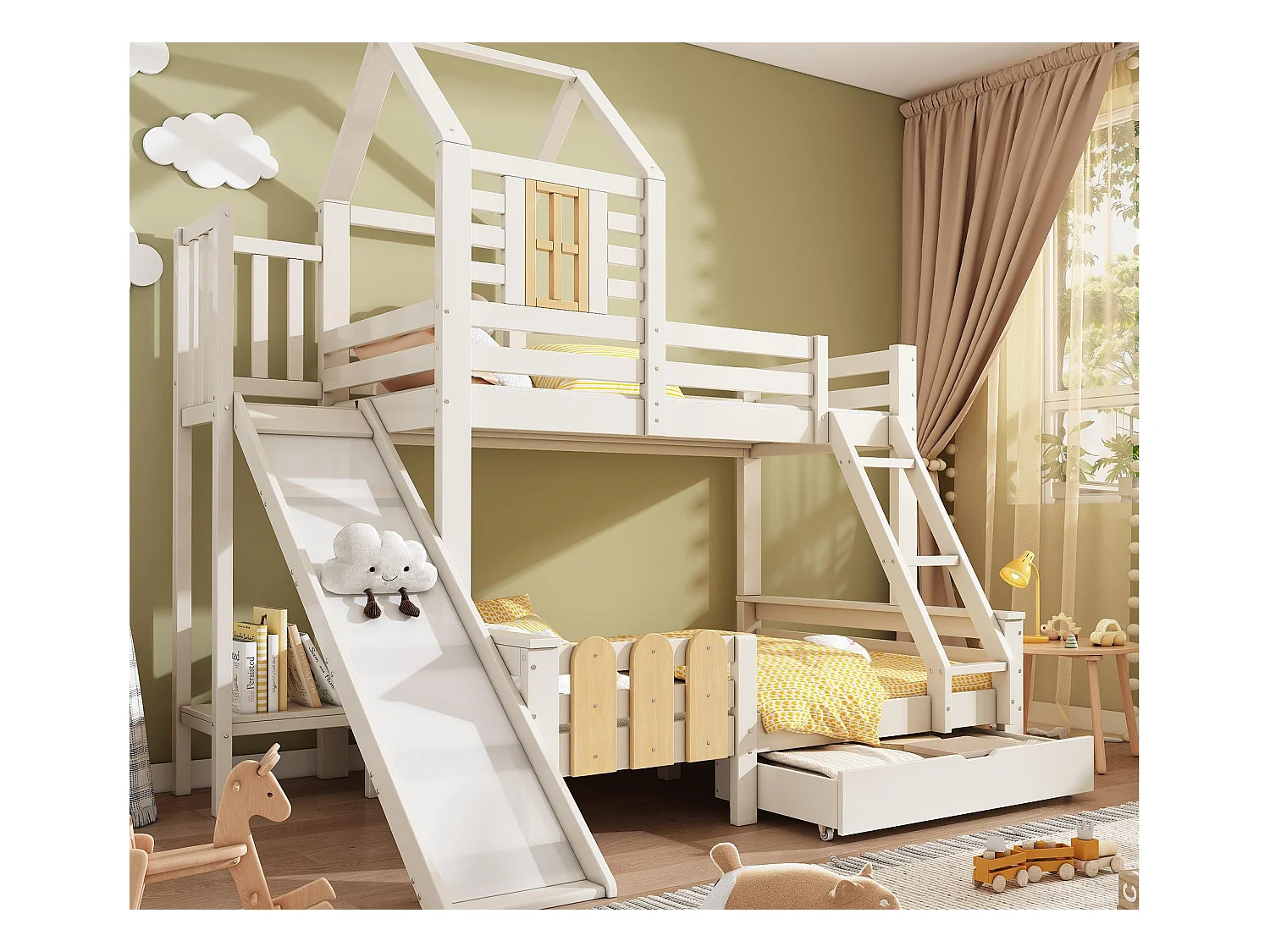 Lit superposé 90x200cm + 140x200cm - avec toboggan - avec 1 tiroir - avec toit et fenêtres - Bois massif + MDF - Blanc (sans matelas)