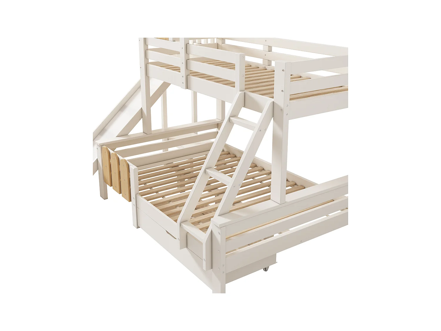Lit superposé 90x200cm + 140x200cm - avec toboggan - avec 1 tiroir - avec toit et fenêtres - Bois massif + MDF - Blanc (sans matelas)
