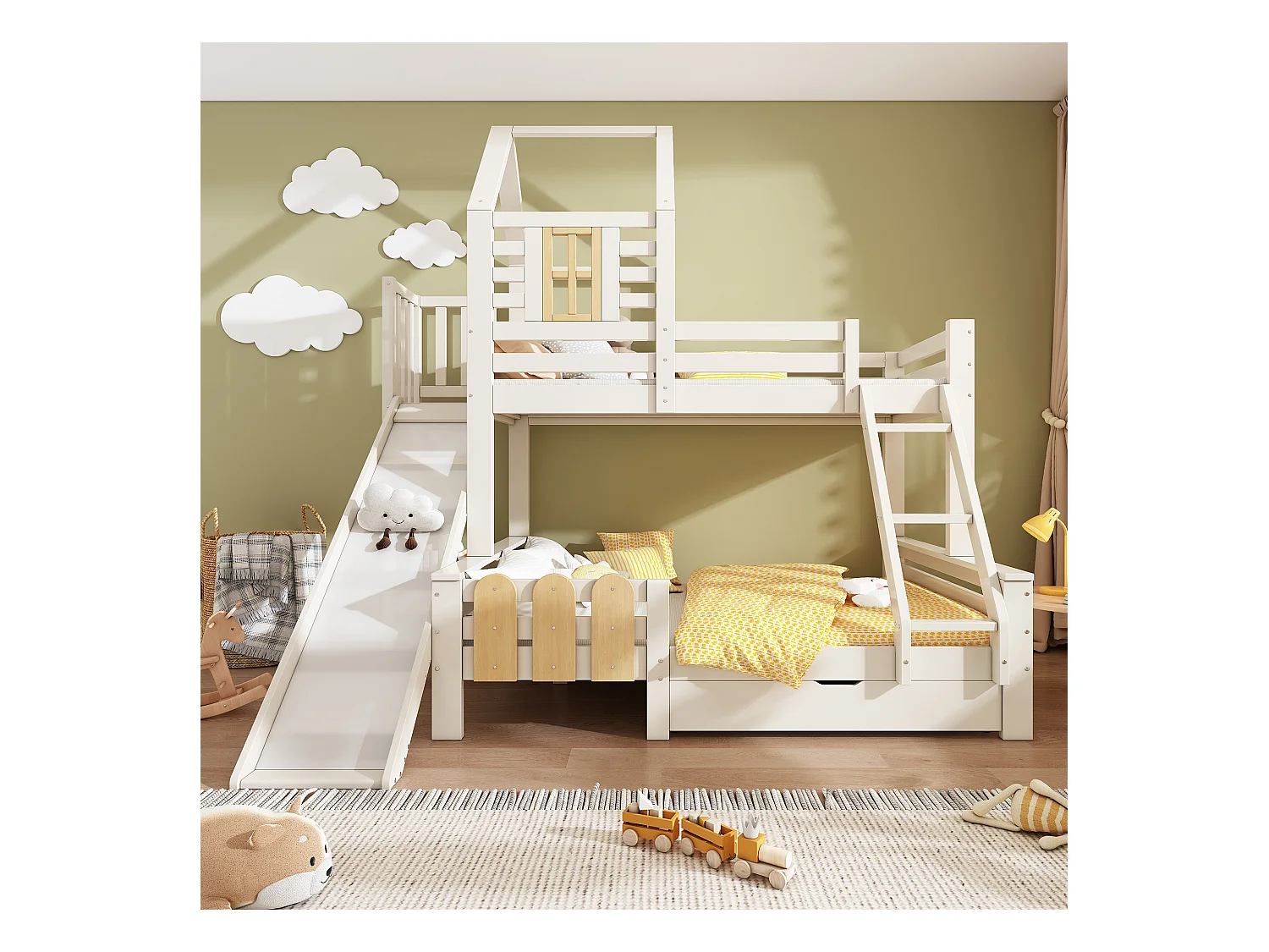 Lit superposé 90x200cm + 140x200cm - avec toboggan - avec 1 tiroir - avec toit et fenêtres - Bois massif + MDF - Blanc (sans matelas)