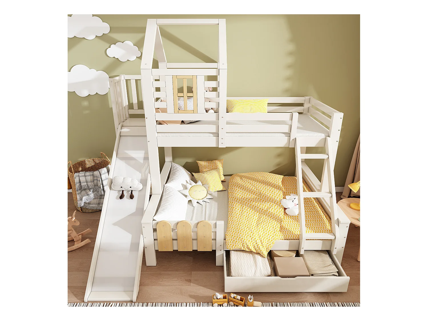 Lit superposé 90x200cm + 140x200cm - avec toboggan - avec 1 tiroir - avec toit et fenêtres - Bois massif + MDF - Blanc (sans matelas)