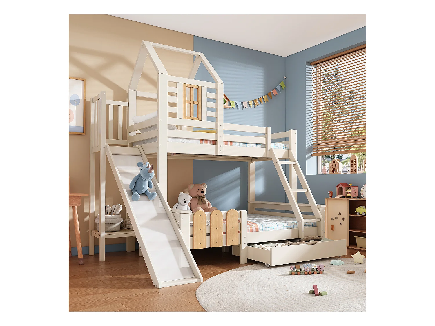 Lit superposé 90x200cm + 140x200cm - avec toboggan - avec 1 tiroir - avec toit et fenêtres - Bois massif + MDF - Blanc (sans matelas)