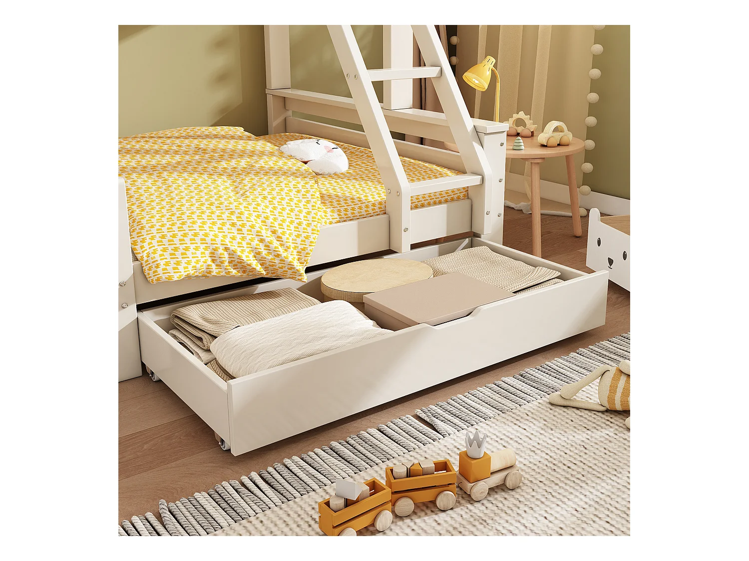 Lit superposé 90x200cm + 140x200cm - avec toboggan - avec 1 tiroir - avec toit et fenêtres - Bois massif + MDF - Blanc (sans matelas)