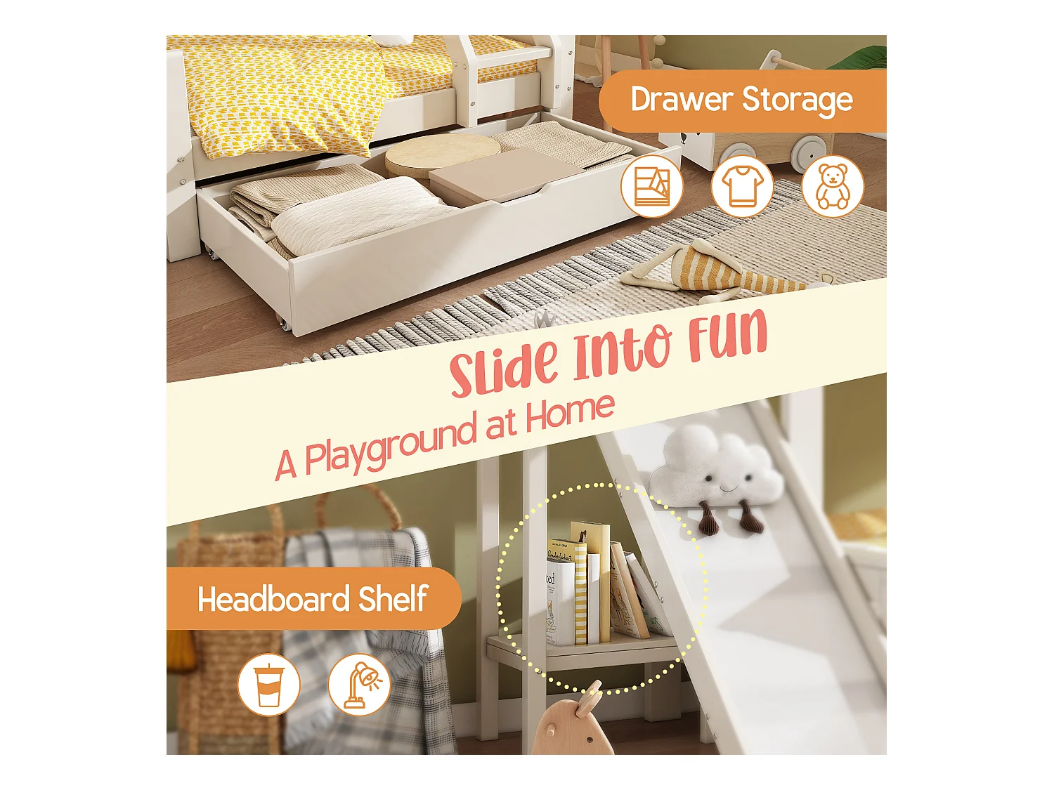 Lit superposé 90x200cm + 140x200cm - avec toboggan - avec 1 tiroir - avec toit et fenêtres - Bois massif + MDF - Blanc (sans matelas)