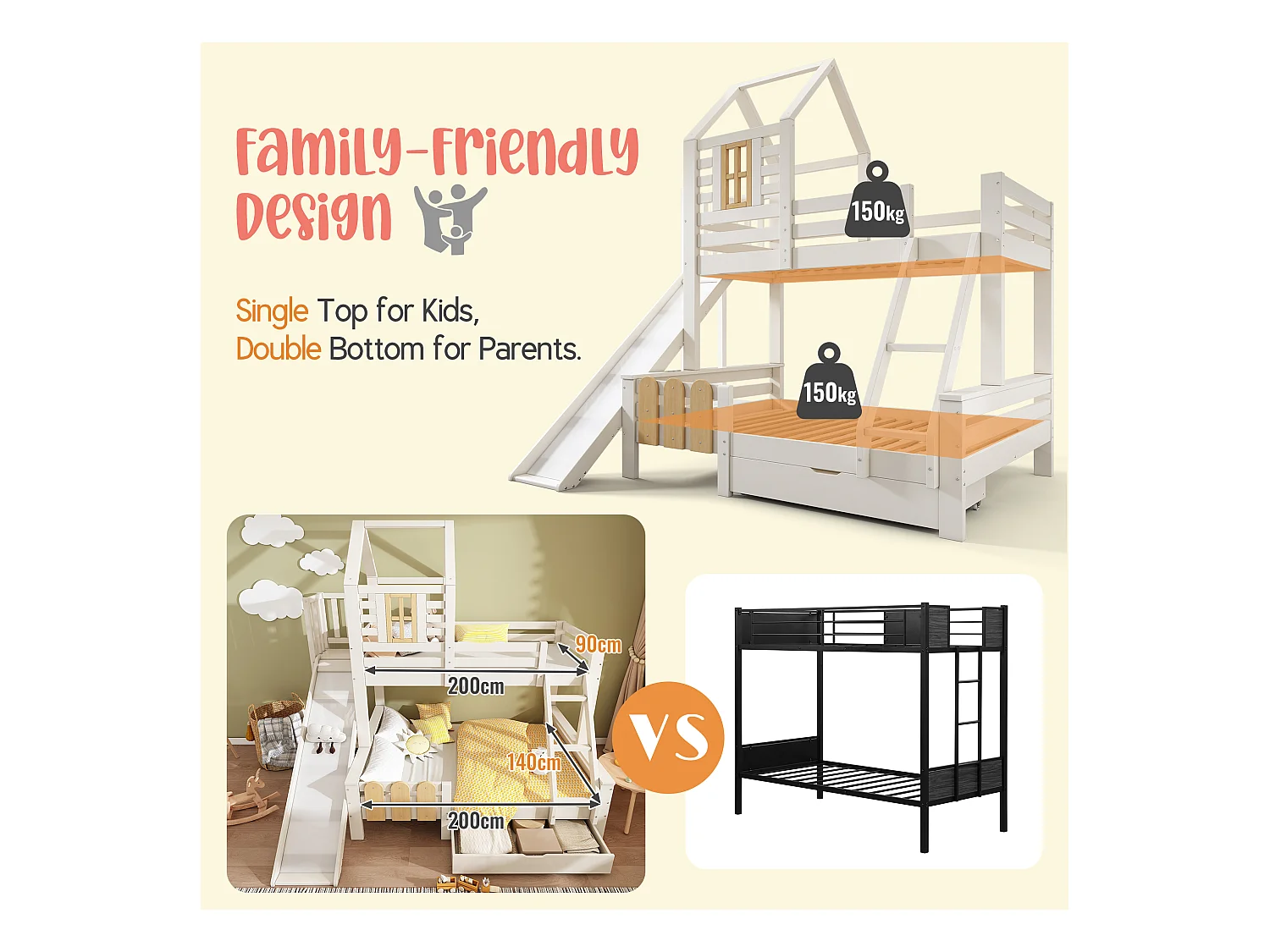 Lit superposé 90x200cm + 140x200cm - avec toboggan - avec 1 tiroir - avec toit et fenêtres - Bois massif + MDF - Blanc (sans matelas)