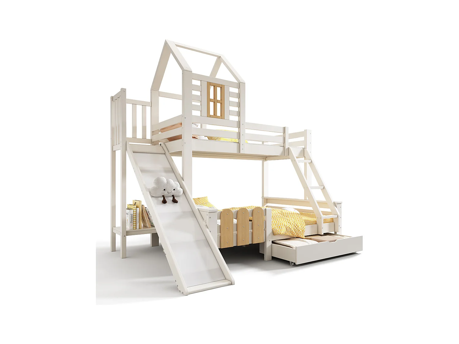 Lit superposé 90x200cm + 140x200cm - avec toboggan - avec 1 tiroir - avec toit et fenêtres - Bois massif + MDF - Blanc (sans matelas)