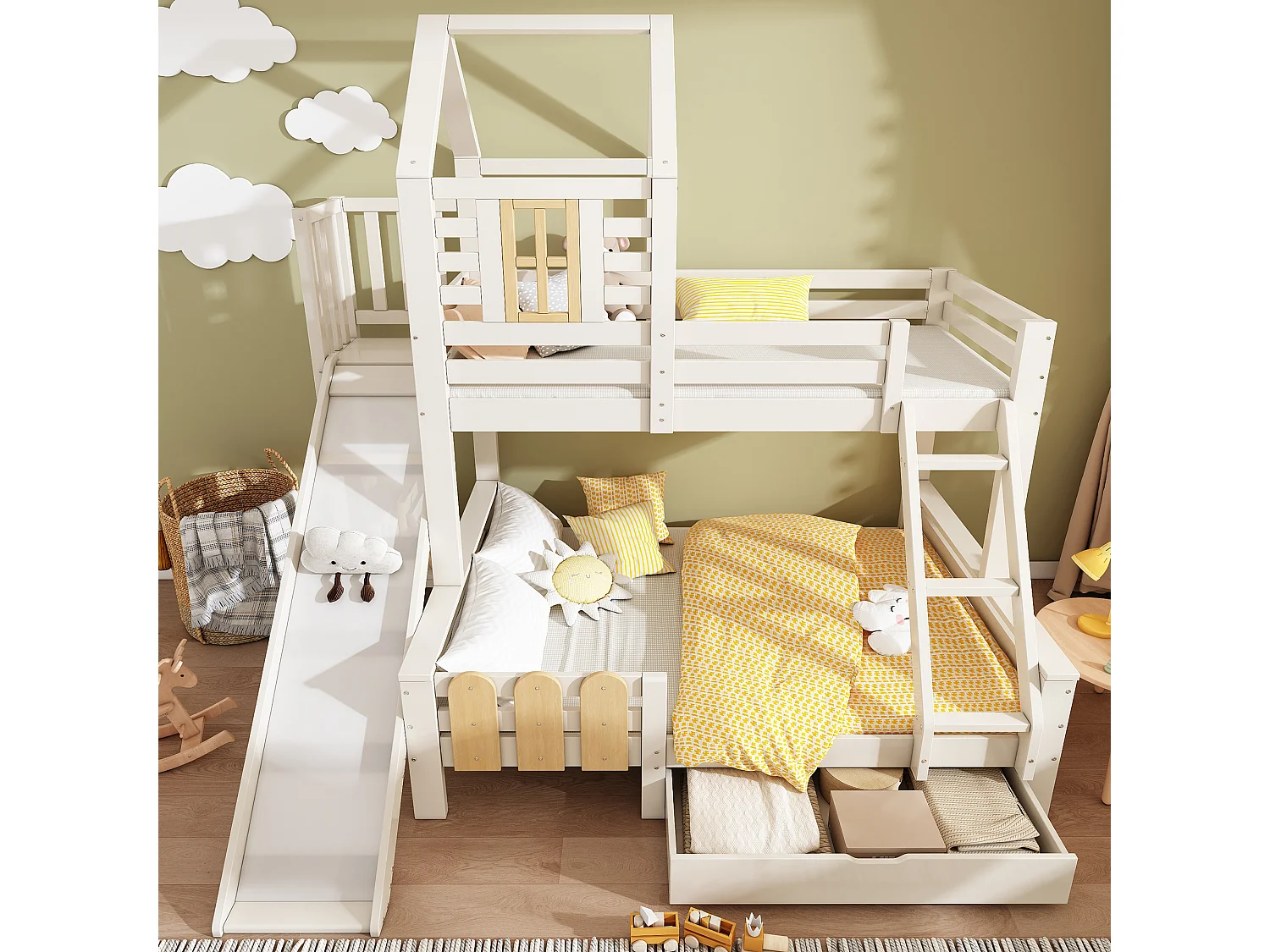 Dubbel stapelbed 90×200 cm + 140×200 cm - met glijbaan - met 1 la - met dak en ramen - Massief hout + MDF - Wit (zonder matras