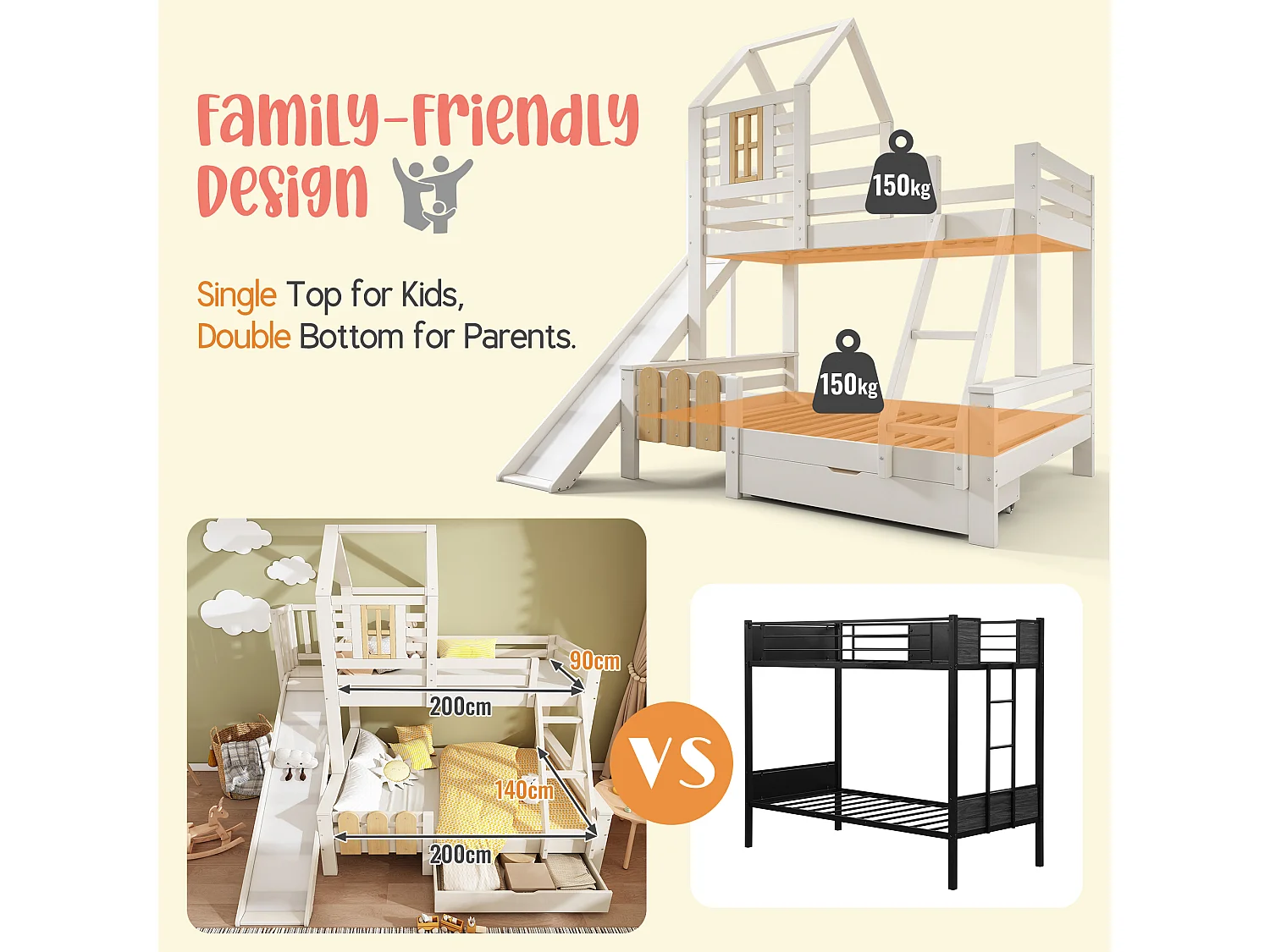 Dubbel stapelbed 90×200 cm + 140×200 cm - met glijbaan - met 1 la - met dak en ramen - Massief hout + MDF - Wit (zonder matras