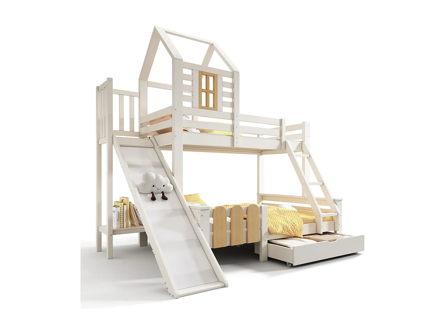 Dubbel stapelbed 90×200 cm + 140×200 cm - met glijbaan - met 1 la - met dak en ramen - Massief hout + MDF - Wit (zonder matras