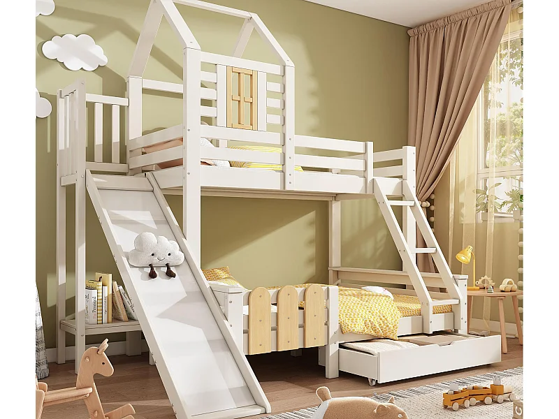 Letto a castello doppio 90×200 cm + 140×200 cm - con scivolo - con 1 cassetto - con tetto e finestre - Legno massello + MDF - Bianco (senza materasso)