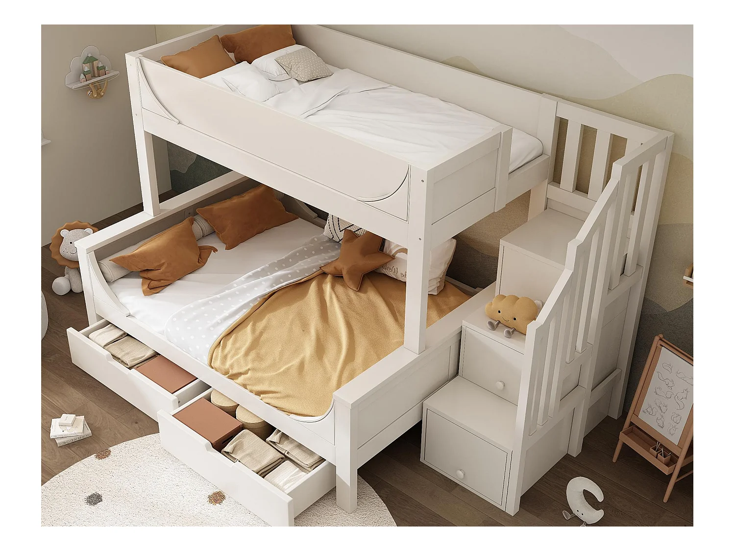 Lit superposé 90x200cm +140x200cm - escalier avec rangemen - avec 2 tiroirs - Bois massif + MDF - Blanc (sans matelas)