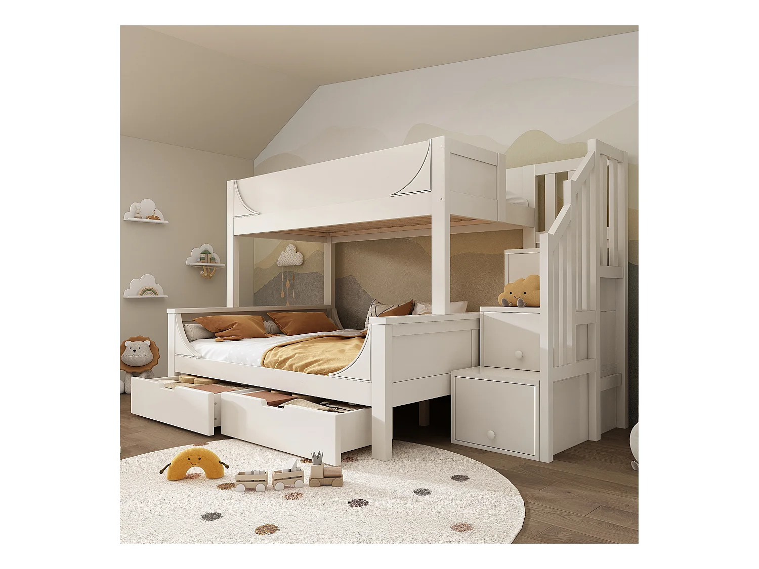 Lit superposé 90x200cm +140x200cm - escalier avec rangemen - avec 2 tiroirs - Bois massif + MDF - Blanc (sans matelas)