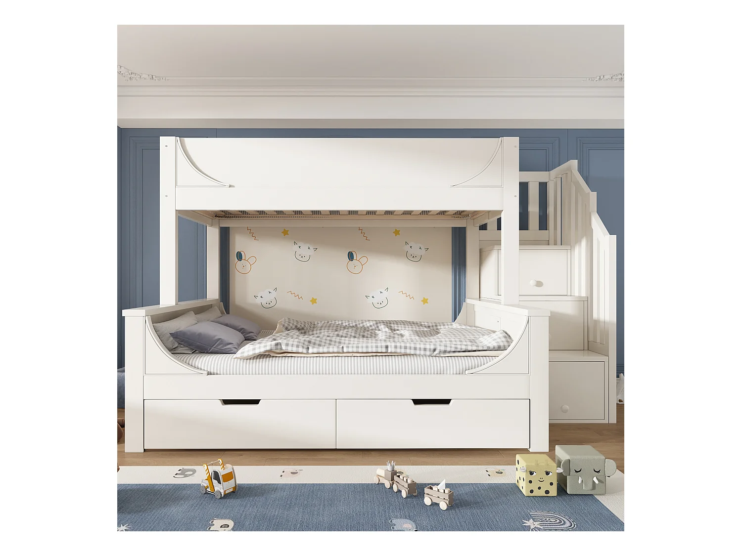 Lit superposé 90x200cm +140x200cm - escalier avec rangemen - avec 2 tiroirs - Bois massif + MDF - Blanc (sans matelas)