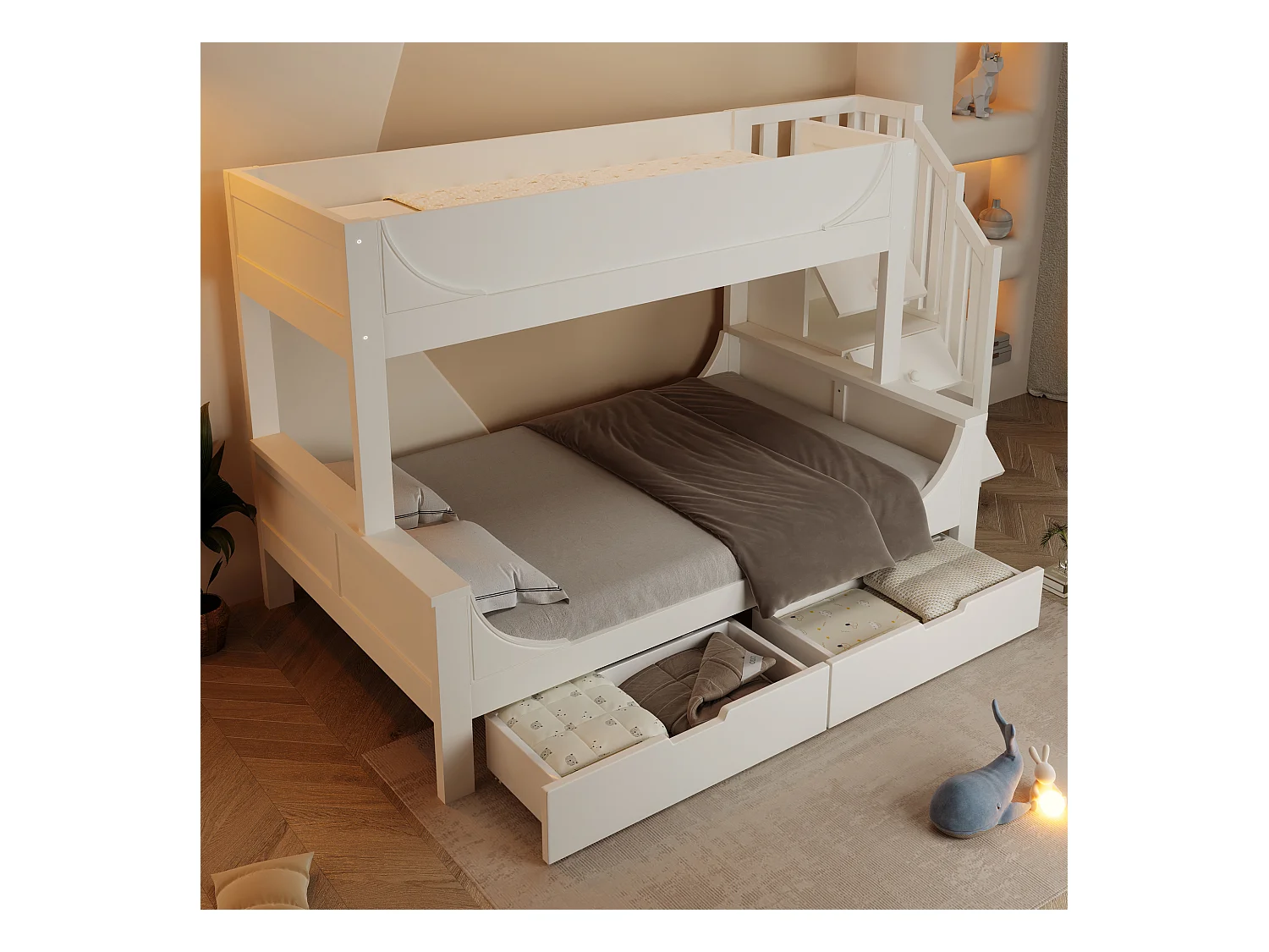 Lit superposé 90x200cm +140x200cm - escalier avec rangemen - avec 2 tiroirs - Bois massif + MDF - Blanc (sans matelas)